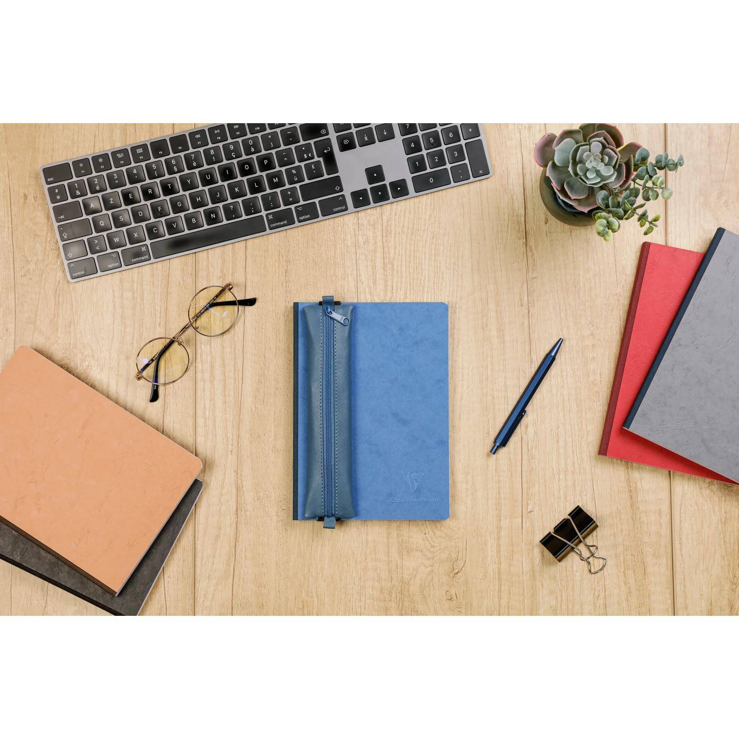 Clairefontaine 5x Schlampermäppchen Leder Notizbuch, 20x4,5 cm Blau 77039C