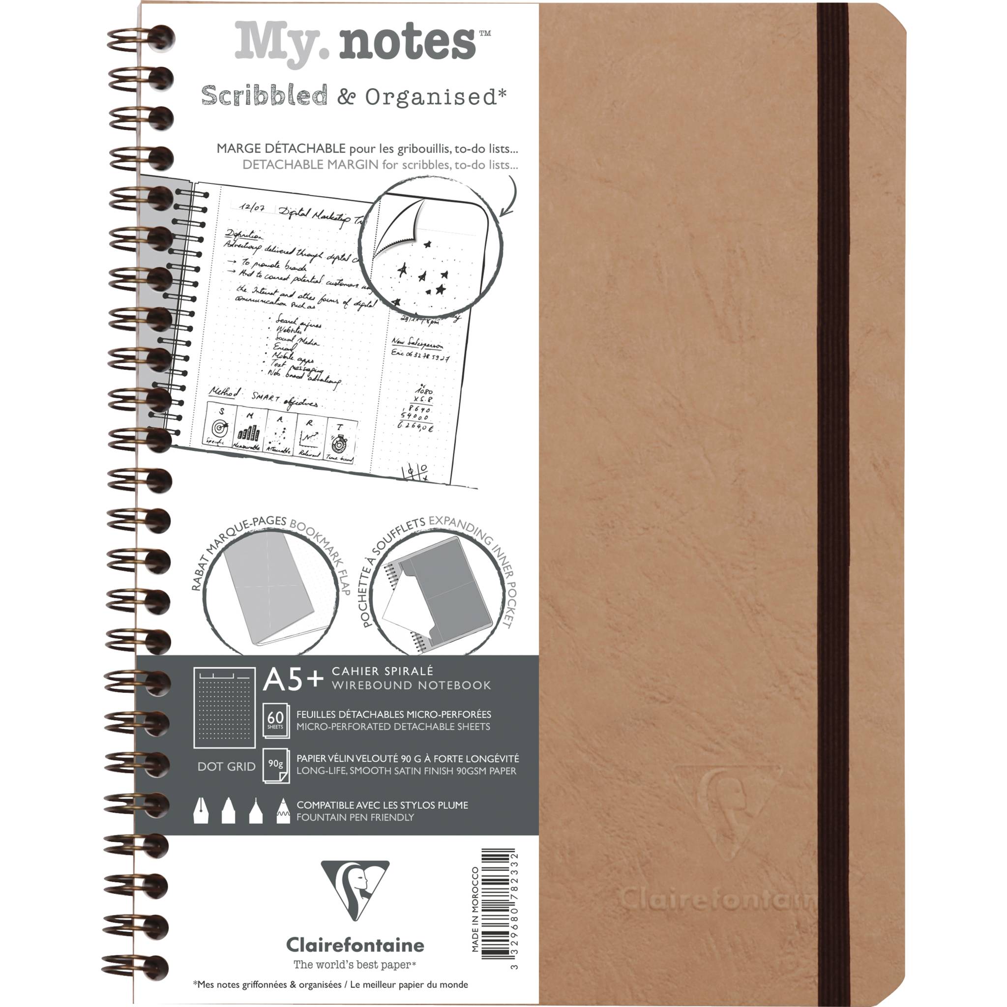 Clairefontaine 5x My.Notes Age Bag Spiralheft A5+, 60 Blatt Tabak 78233C