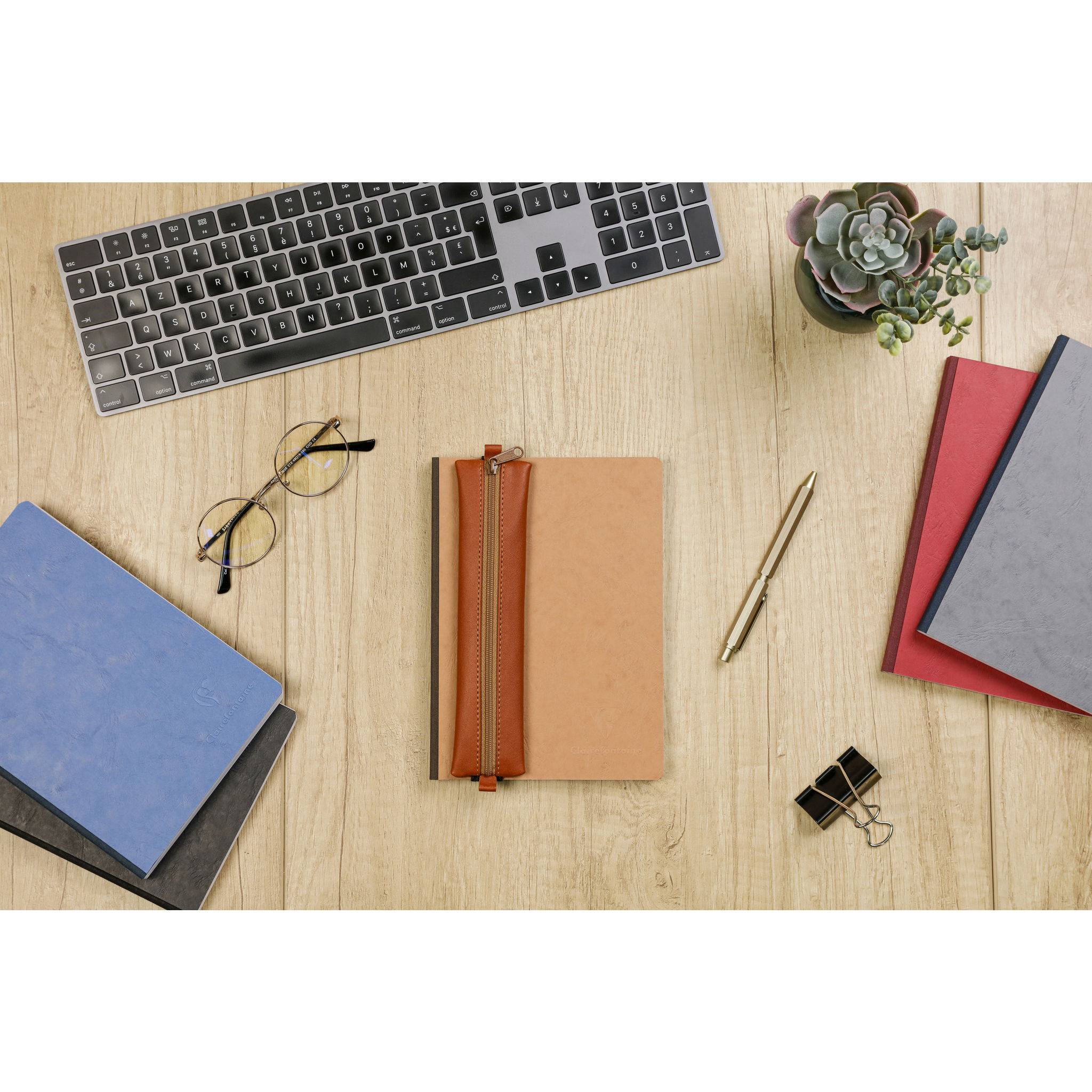 Clairefontaine 5x Schlampermäppchen Leder Notizbuch, 20x4,5 cm Tabak 77036C