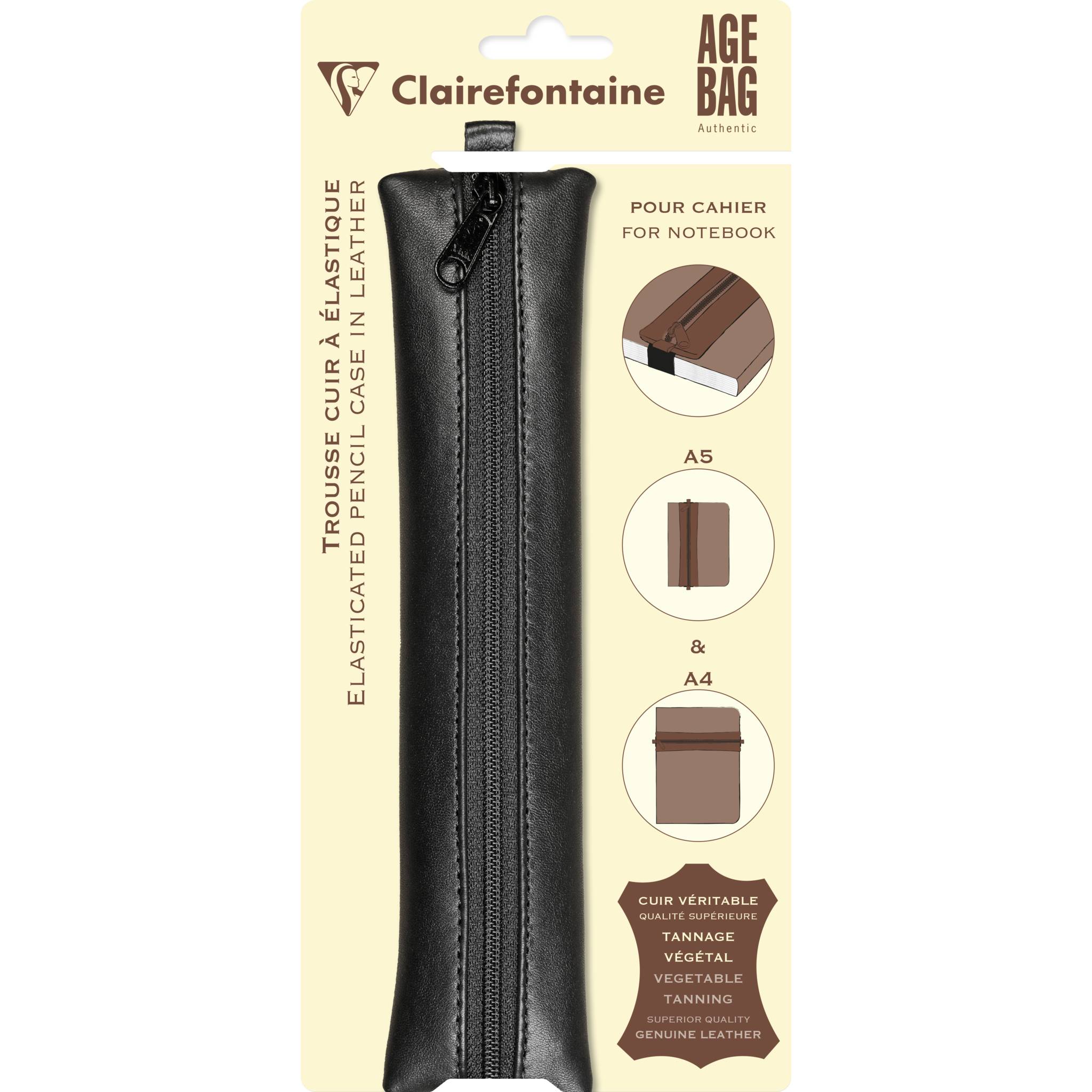 Clairefontaine 5x Schlampermäppchen Leder Notizbuch, 20x4,5 cm Schwarz 77037C