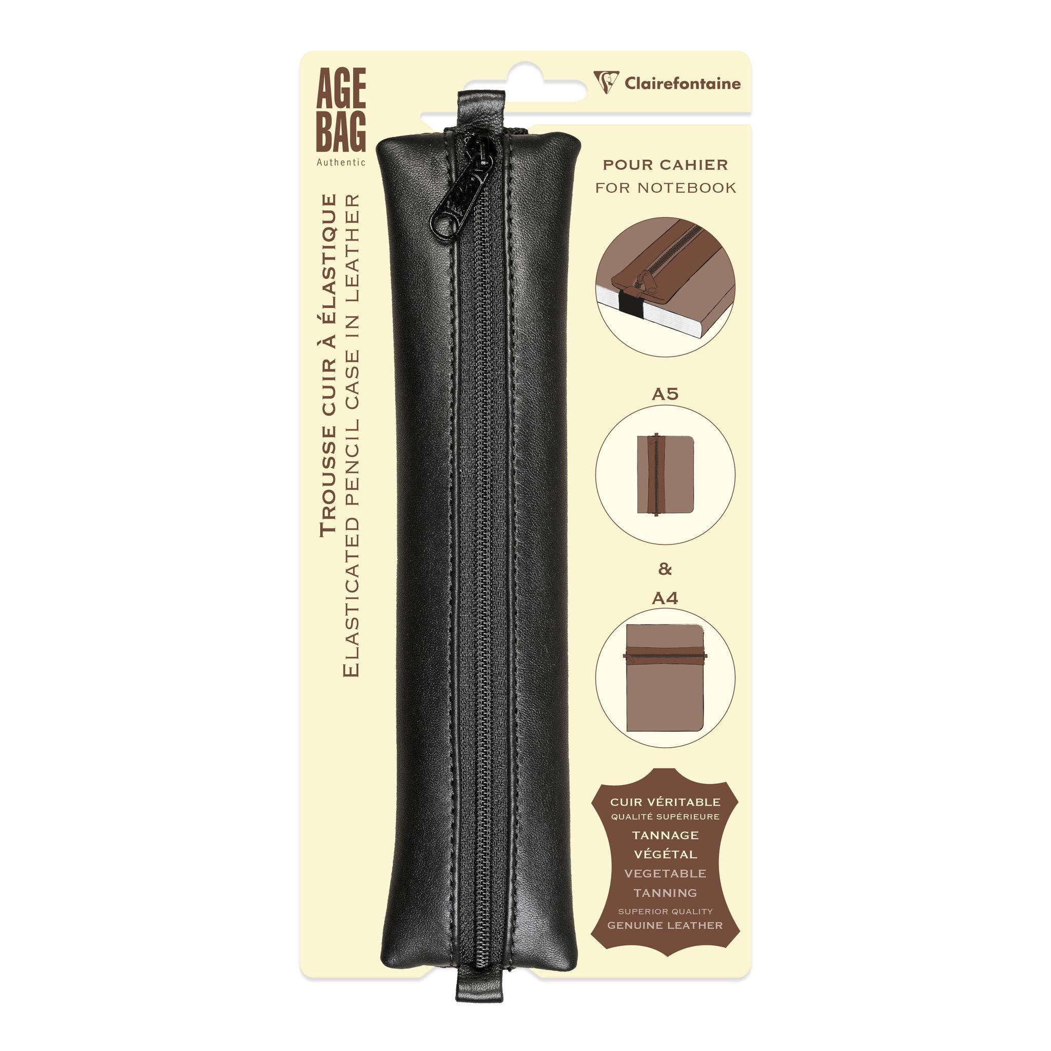 Clairefontaine 5x Schlampermäppchen Leder Notizbuch, 20x4,5 cm Schwarz 77037C