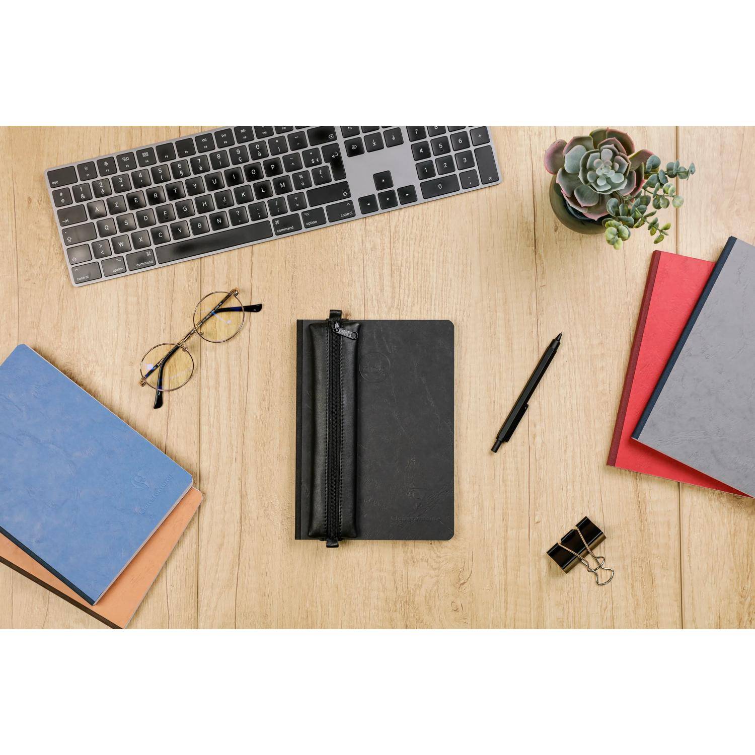 Clairefontaine 5x Schlampermäppchen Leder Notizbuch, 20x4,5 cm Schwarz 77037C