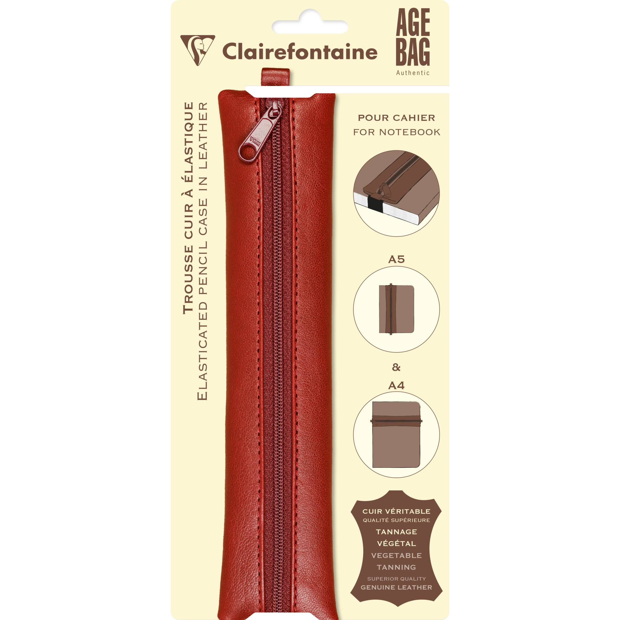 Clairefontaine 5x Flaches Schlampermäppchen Leder Notizbuch 20x4,5 cm Rot 77038C