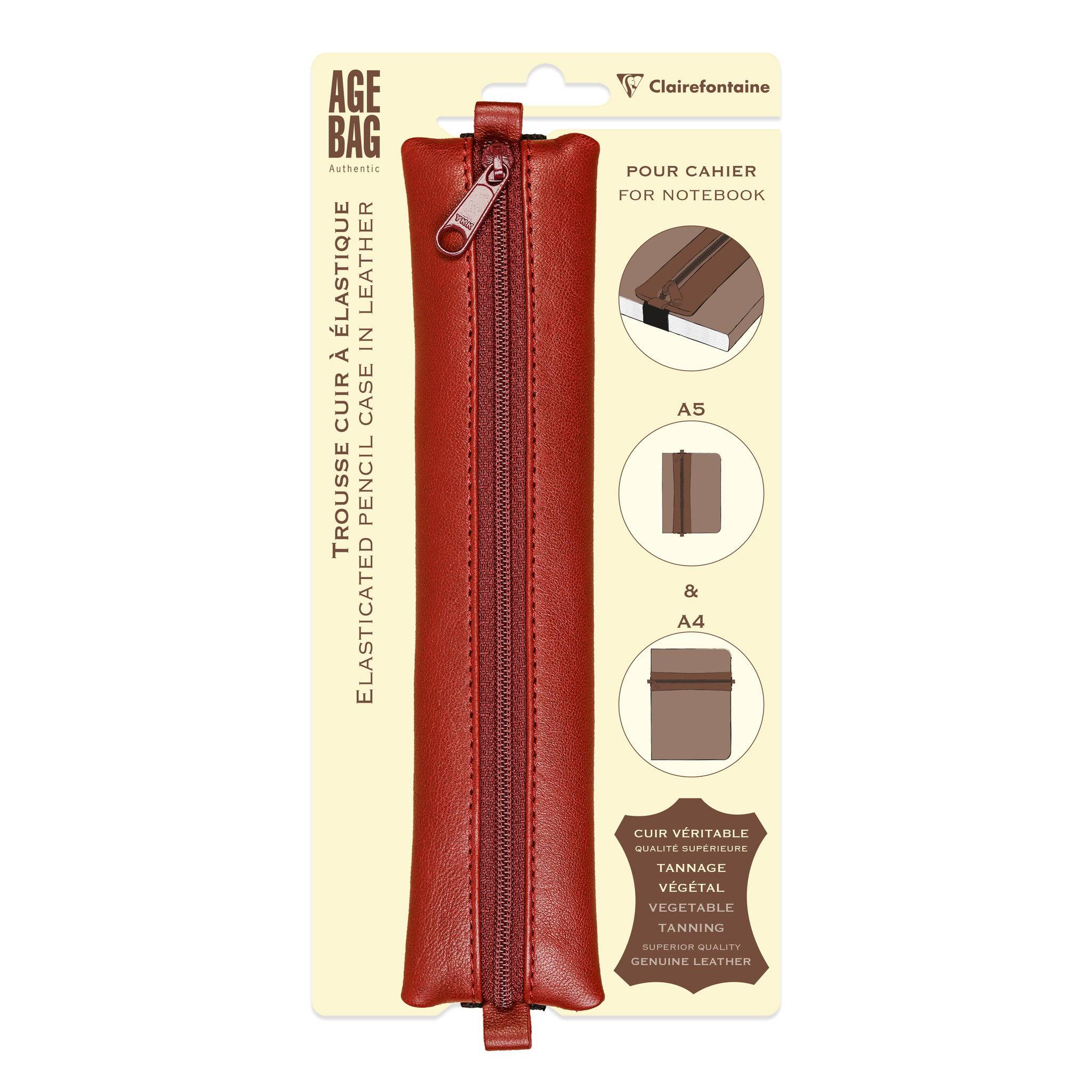 Clairefontaine 5x Flaches Schlampermäppchen Leder Notizbuch 20x4,5 cm Rot 77038C