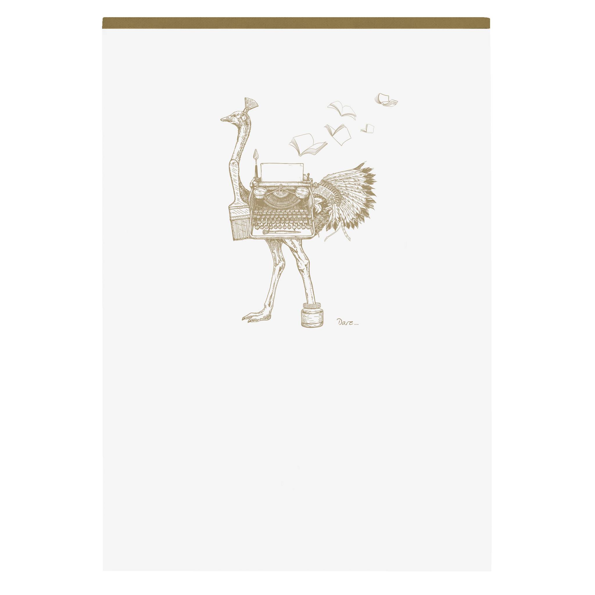 Vintage-Illustration eines vogelartigen Schreibmaschinen-Wesens mit einem menschlichen Bein und einem Flügel, mit flatternden Papieren darüber auf einer leeren weißen Seite.