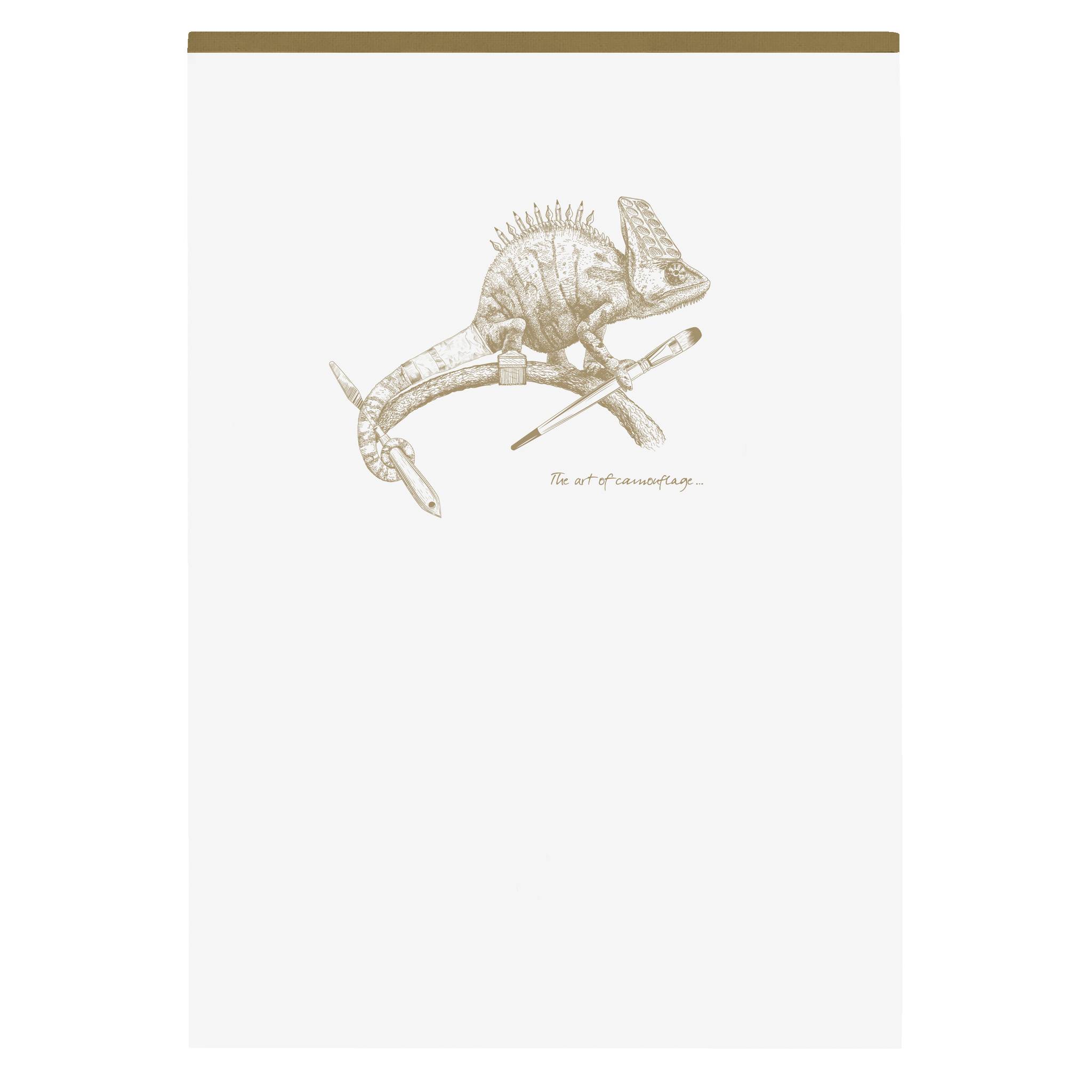 Minimale weiße Seite mit einer kleinen goldenen Chamäleon-Illustration oben und winzigem Text, der "Die Kunst der Tarnung"" liest.