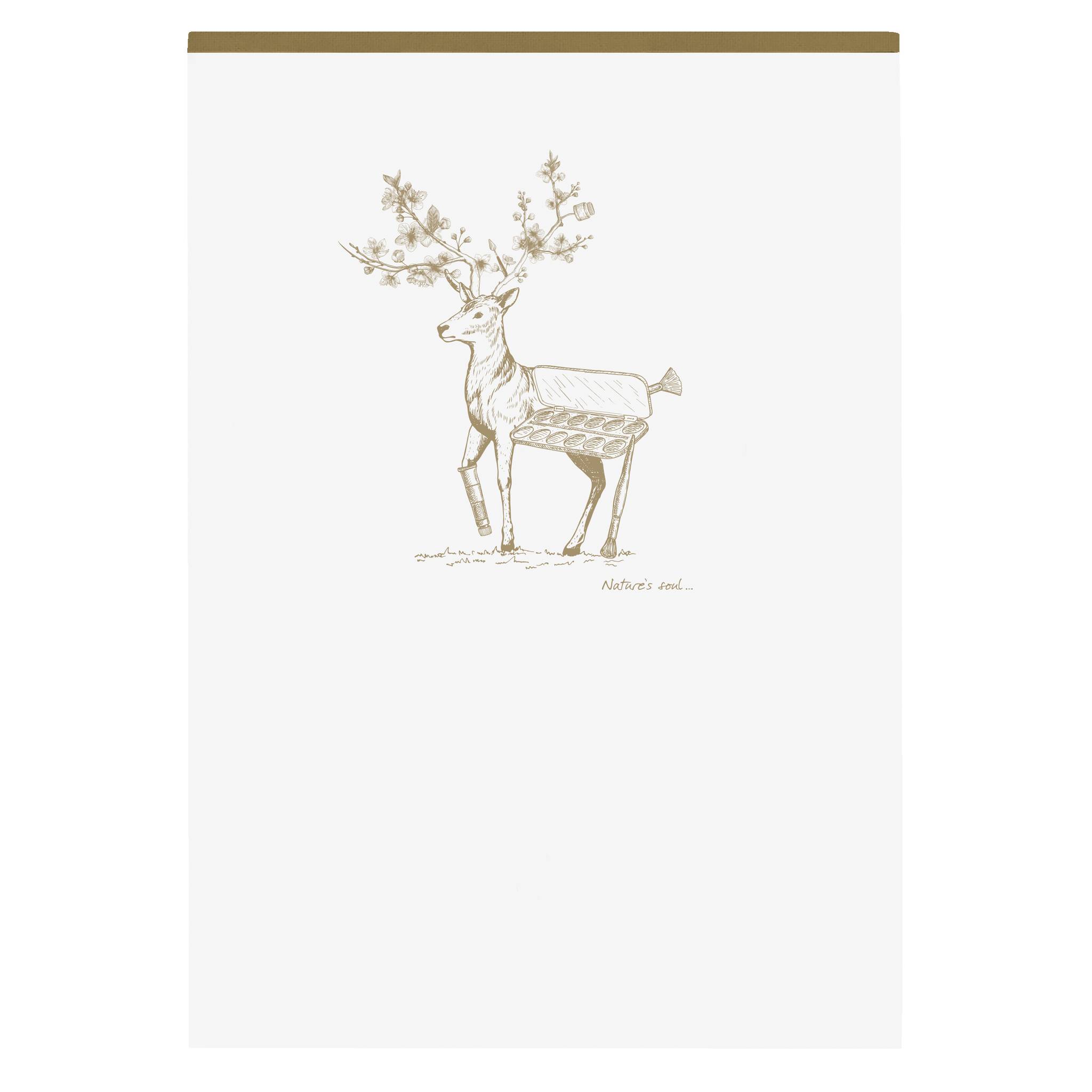 Minimalistische Illustration eines Hirsches mit verzweigten Geweihstangen, zentriert auf einer überwiegend leeren weißen Seite mit einem dünnen Goldband oben.