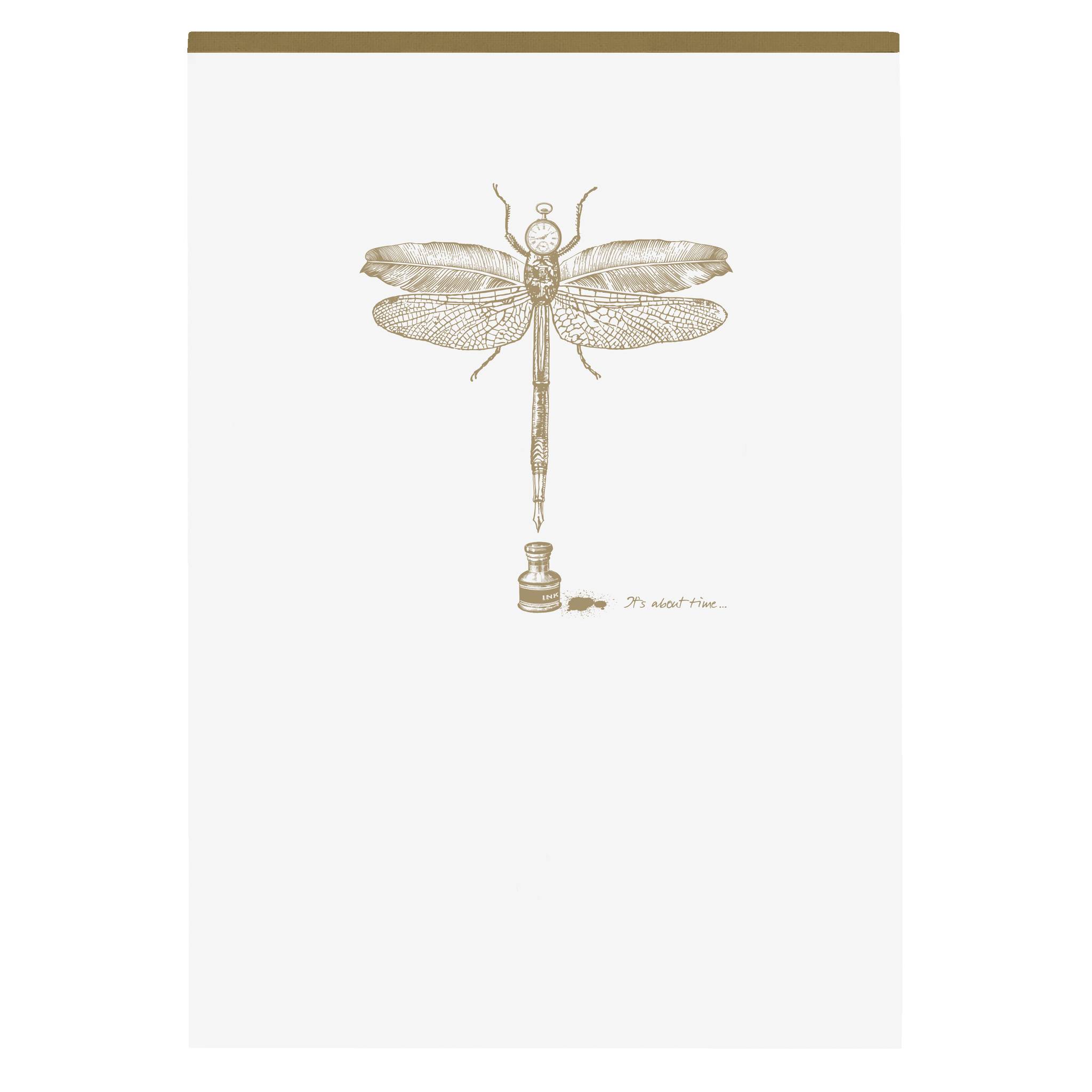 Minimale Strichzeichnung einer Libelle, zentriert auf einer überwiegend weißen Seite, mit einer kleinen Tintenflasche darunter und einem dünnen Goldbalken oben.