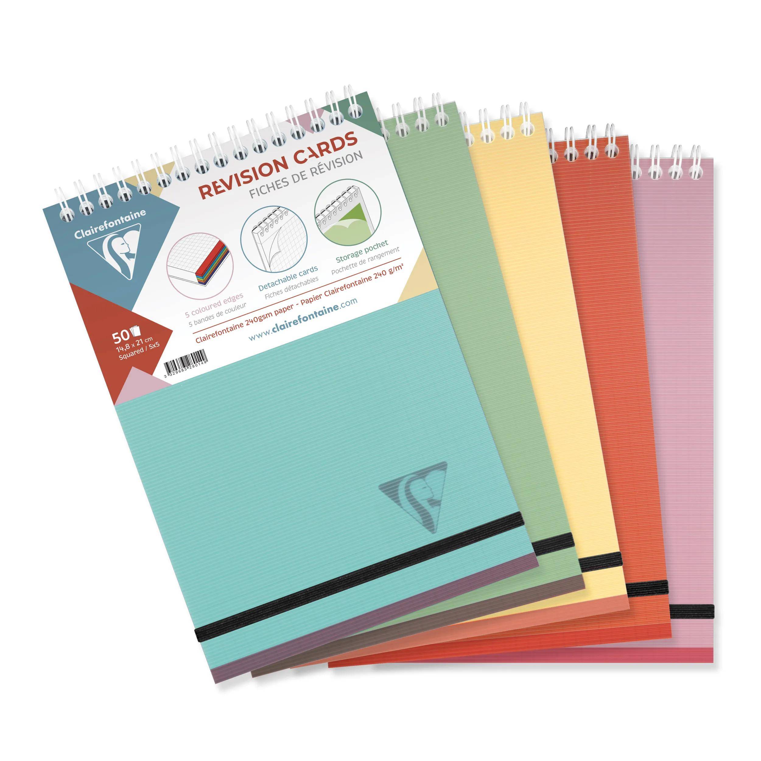 Clairefontaine 5x Block A5 Karteikarten, 50 kariert, PP Sortiert 327025C