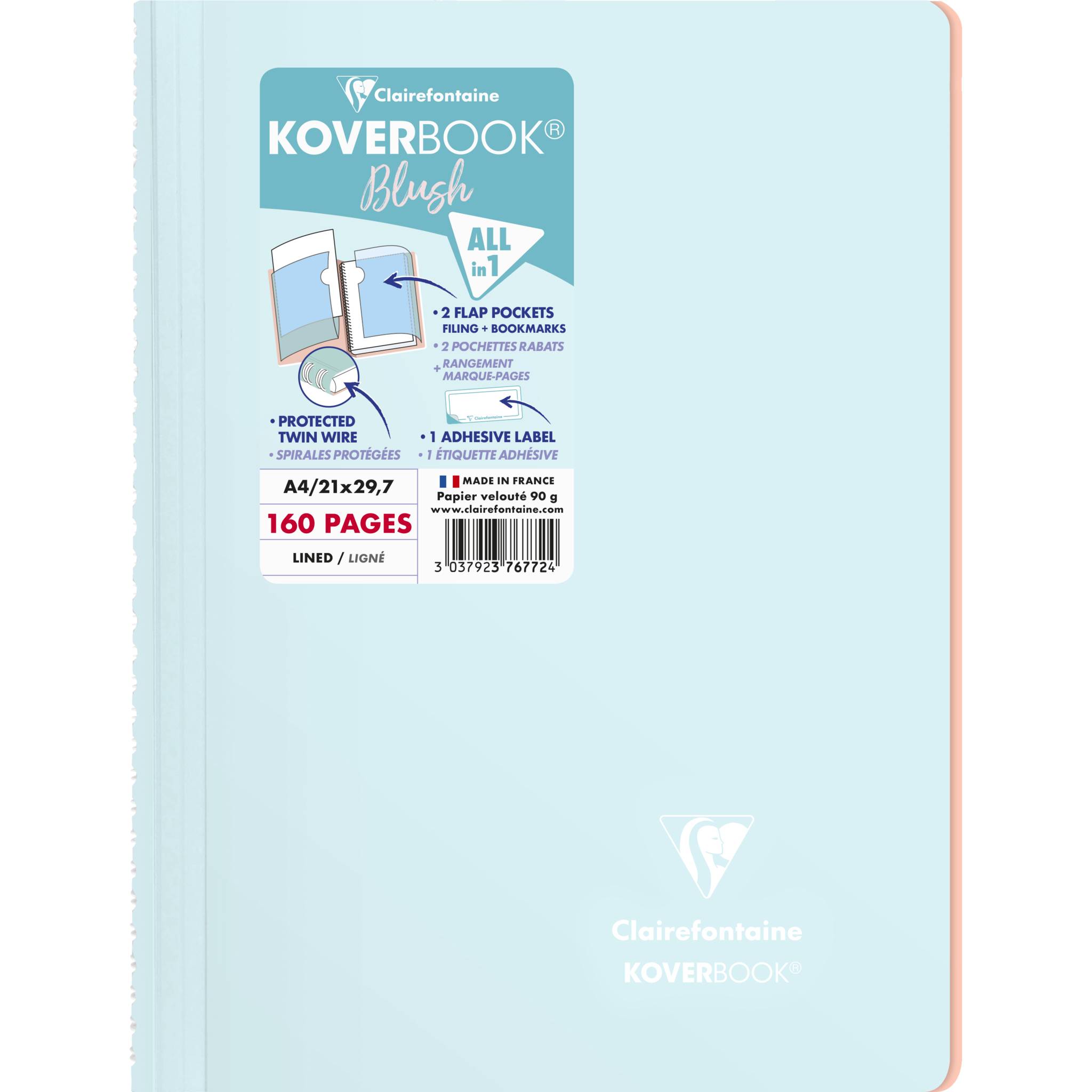 Clairefontaine 5x Spiralblock A4, 80 Blatt liniert Eisblau/Koralle 376772C