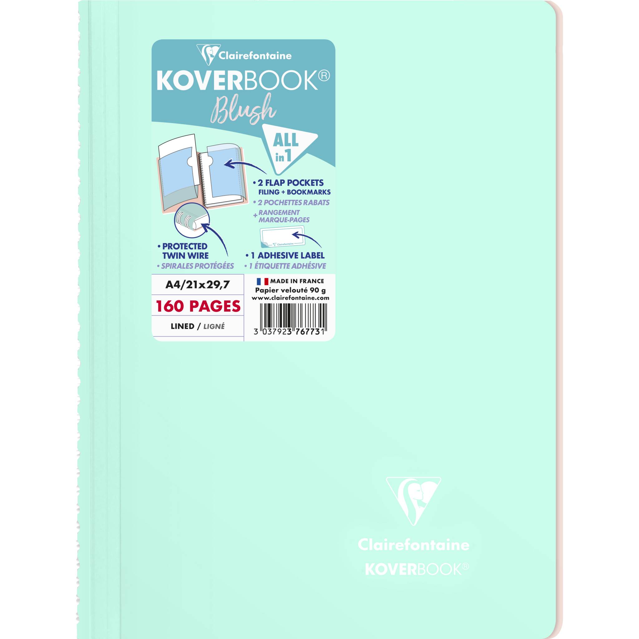 Clairefontaine 5x Spiralblock A4, 80 Blatt liniert Minze/Puderrosa 376773C
