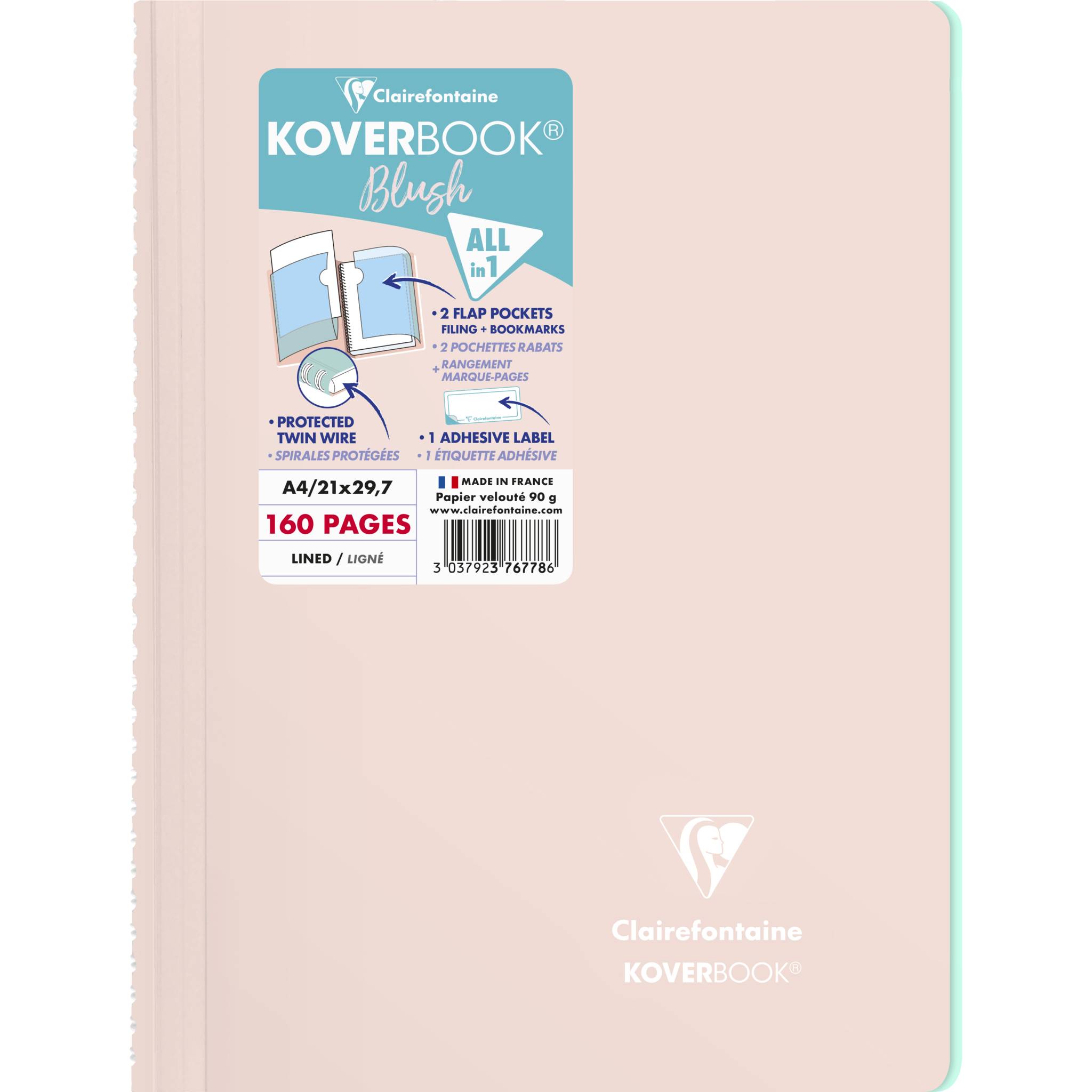 Clairefontaine 5x Spiralblock A4, 80 Blatt liniert - Puderrosa/Minze 376778C