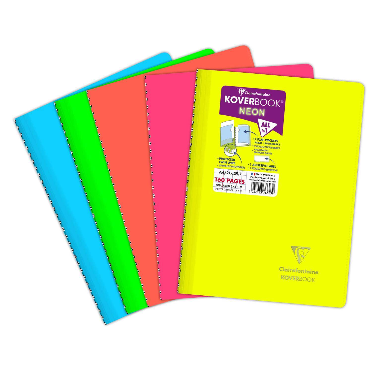 Clairefontaine 5x Neon Spiralbuch A4, 80 Blatt 90g, kariert Sortiert 376623C