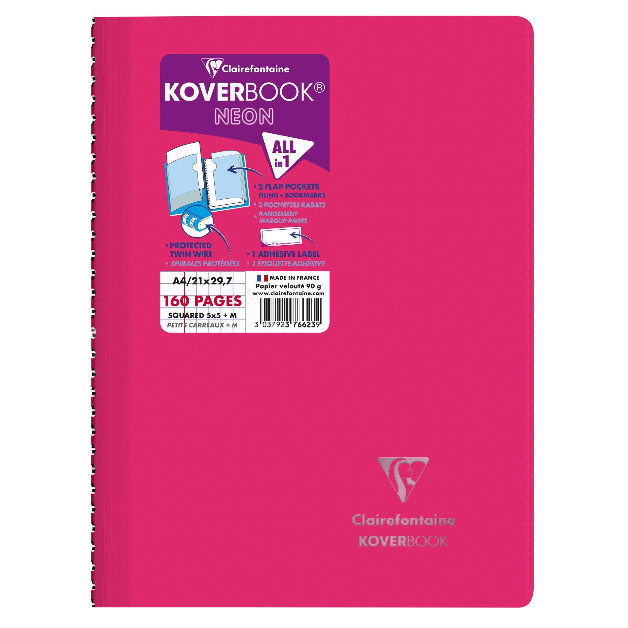 Clairefontaine 5x Neon Spiralbuch A4, 80 Blatt 90g, kariert Sortiert 376623C