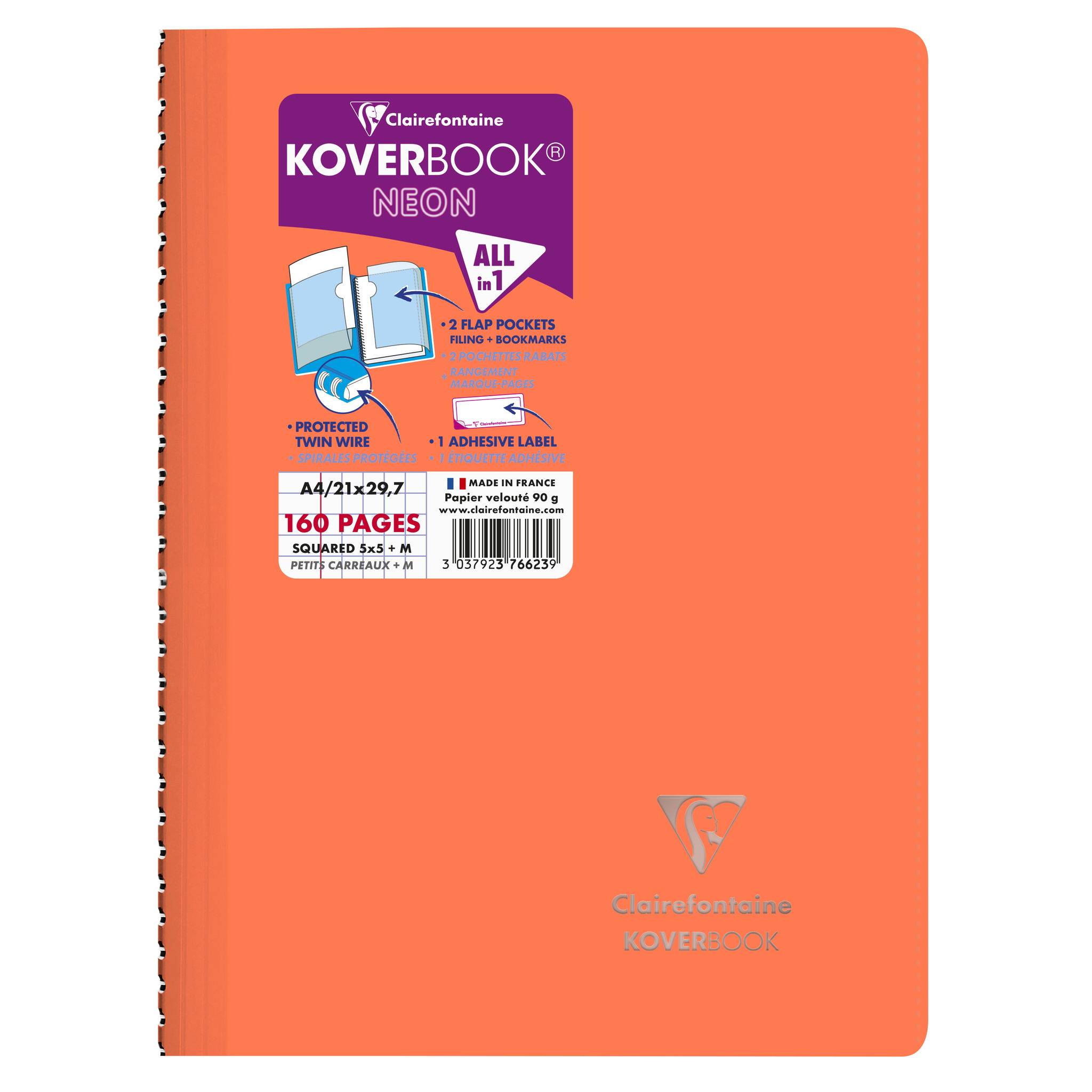 Clairefontaine 5x Neon Spiralbuch A4, 80 Blatt 90g, kariert Sortiert 376623C