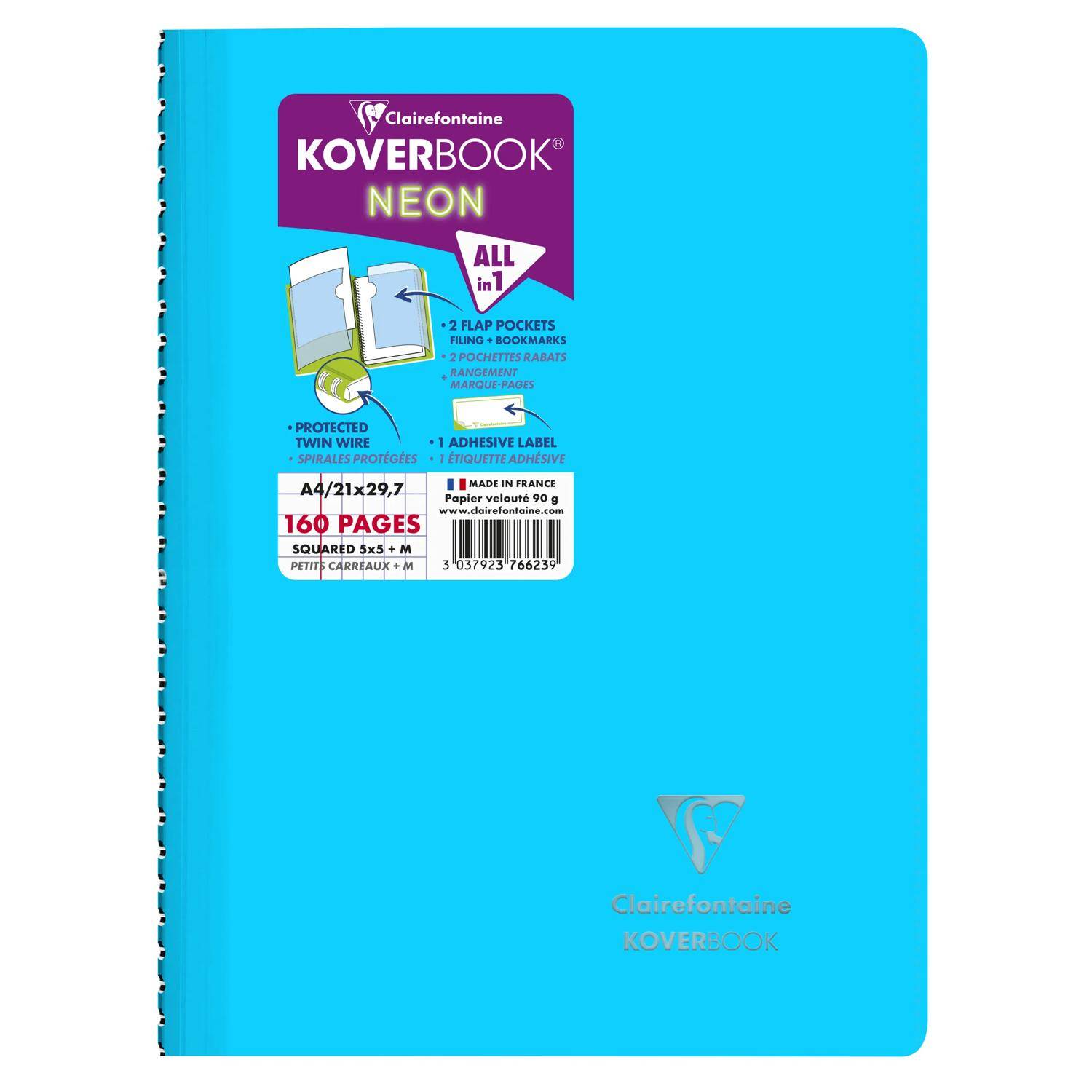 Clairefontaine 5x Neon Spiralbuch A4, 80 Blatt 90g, kariert Sortiert 376623C