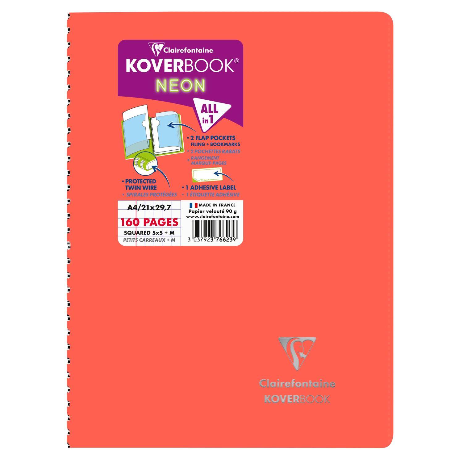 Clairefontaine 5x Neon Spiralbuch A4, 80 Blatt 90g, kariert Sortiert 376623C