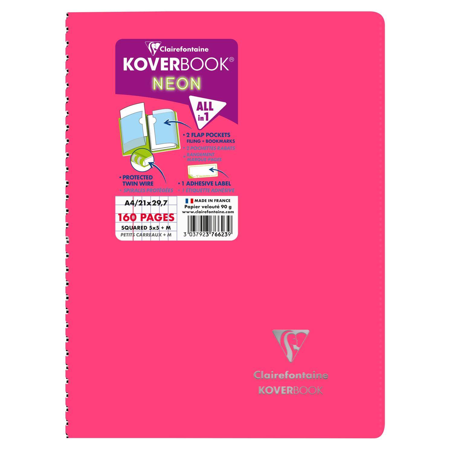 Clairefontaine 5x Neon Spiralbuch A4, 80 Blatt 90g, kariert Sortiert 376623C