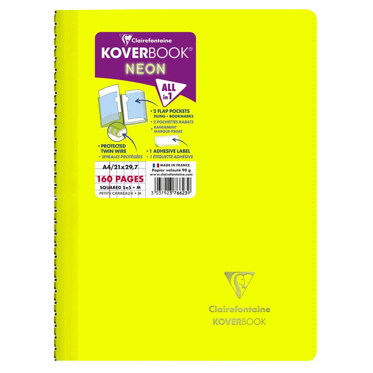 Clairefontaine 5x Neon Spiralbuch A4, 80 Blatt 90g, kariert Sortiert 376623C