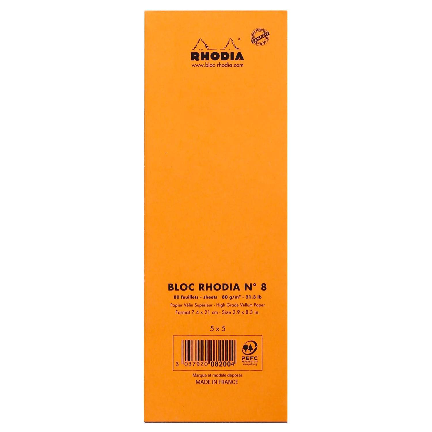 Rhodia 10x Gehefter Notizblock No.8 7,4x21cm 80 Bl kariert 80g Orange 8200C