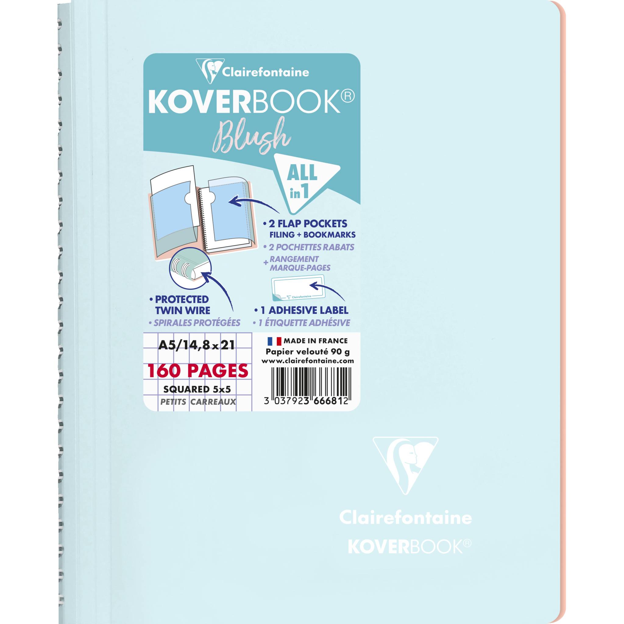 Clairefontaine 5x Koverbook Spiralblock A5 80 Blatt kariert, - Sortiert 366681C
