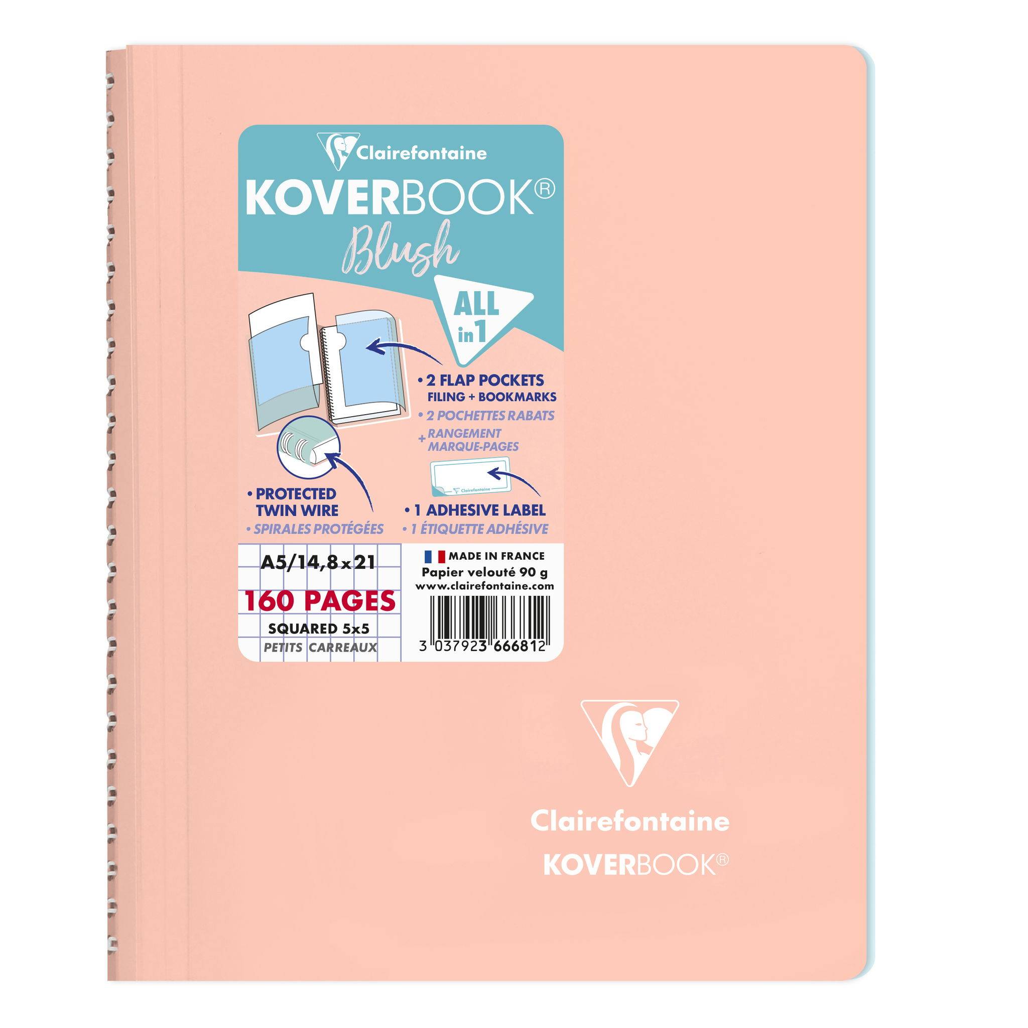 Clairefontaine 5x Koverbook Spiralblock A5 80 Blatt kariert, - Sortiert 366681C
