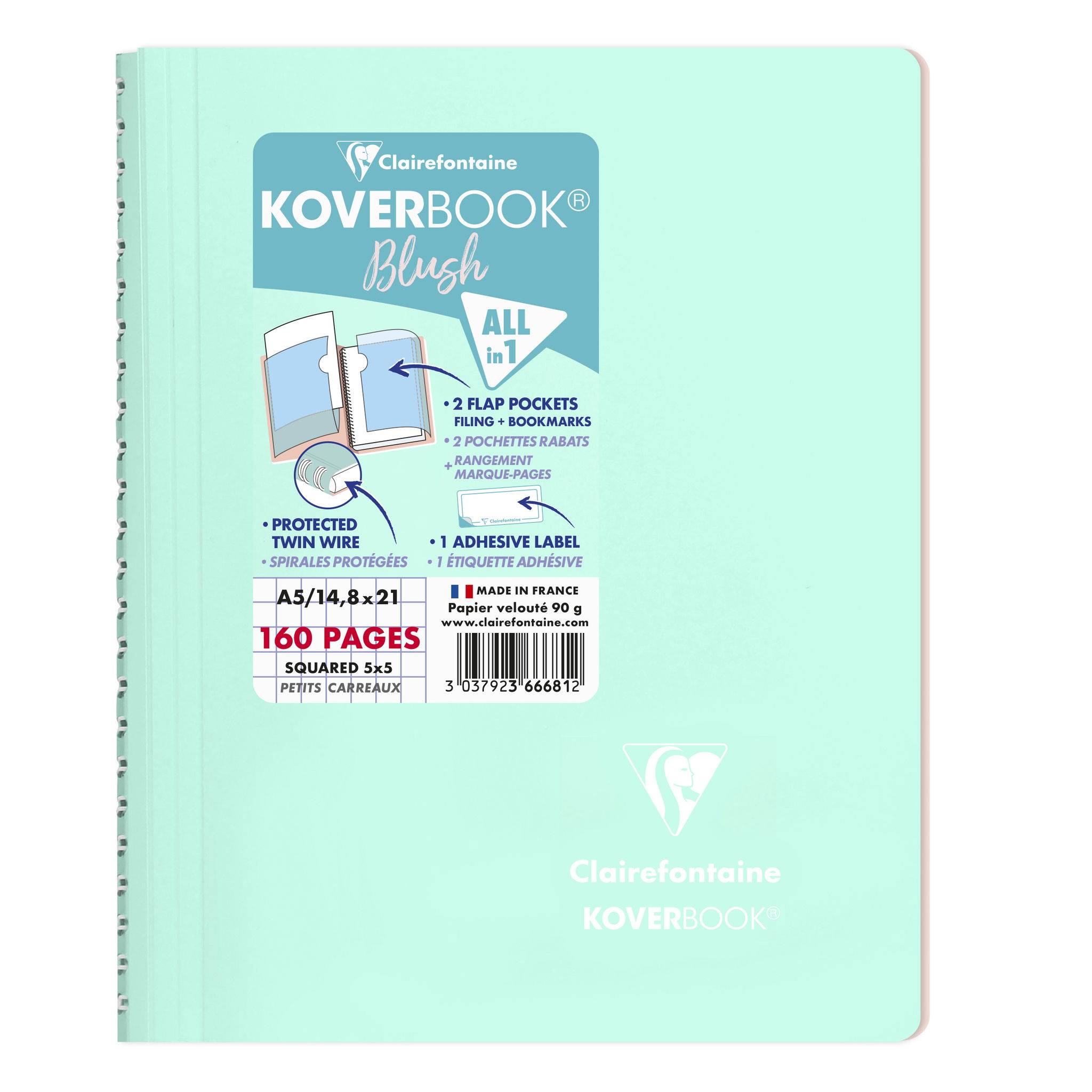 Clairefontaine 5x Koverbook Spiralblock A5 80 Blatt kariert, - Sortiert 366681C