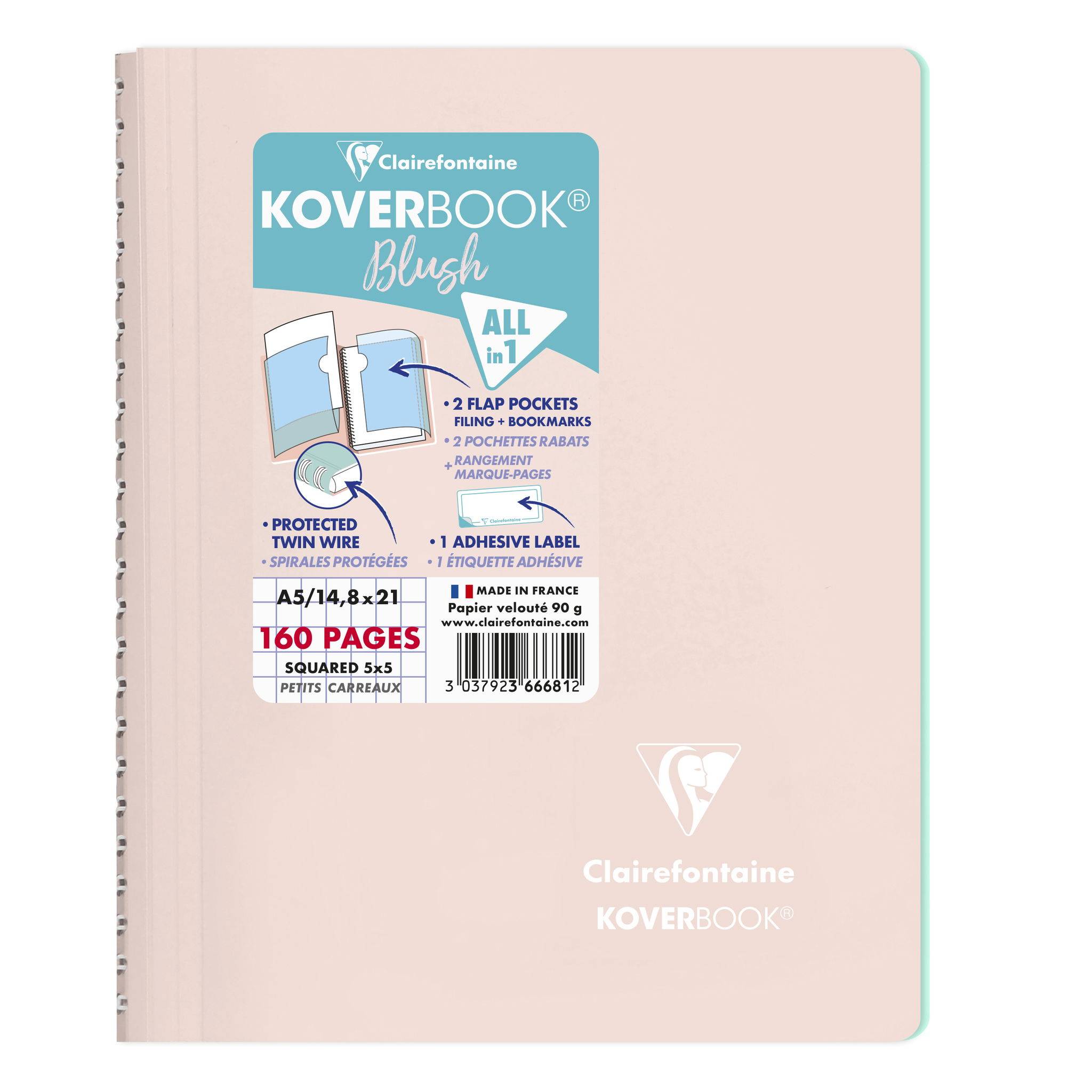Clairefontaine 5x Koverbook Spiralblock A5 80 Blatt kariert, - Sortiert 366681C