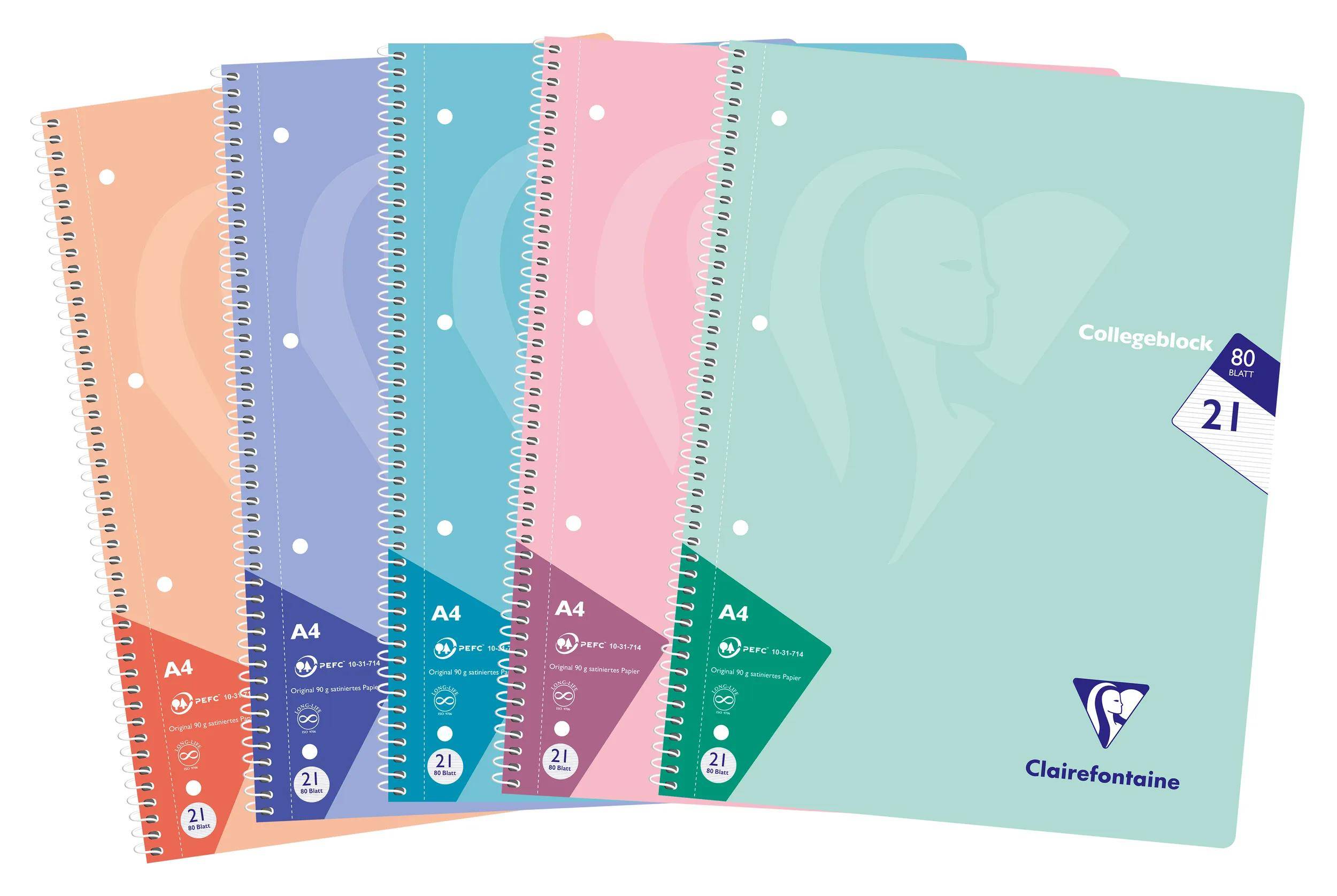 Clairefontaine 20x Collegeblock, 80 Bl liniert, Pastellfarben sortiert 306256C