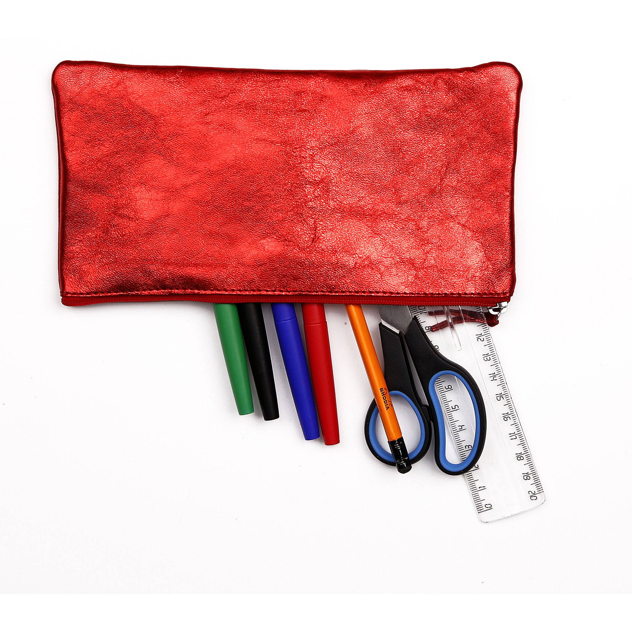 Clairefontaine 4x Schlampermäppchen aus Leder Cuirisé flach 22x11cm - Rot 8714C
