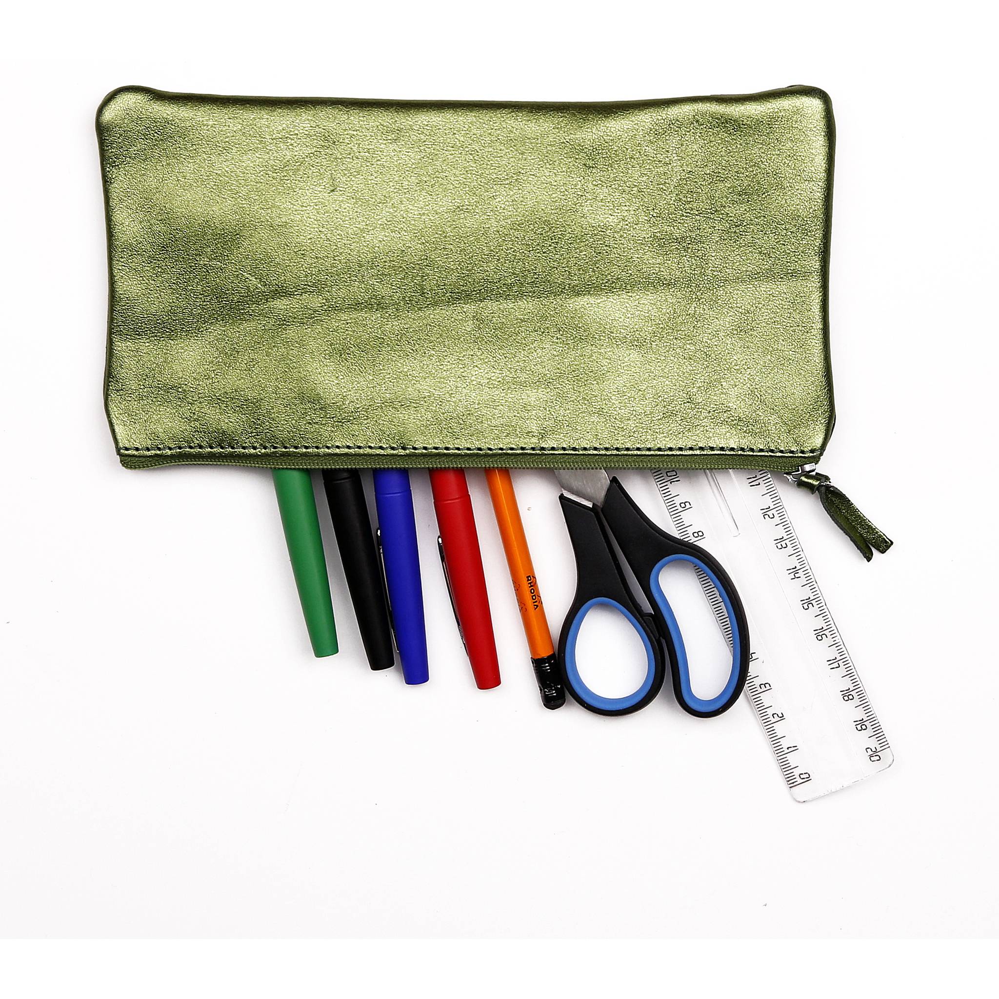 Clairefontaine 4x Schlampermäppchen aus Leder Cuirisé flach 22x11cm - Grün 8716C