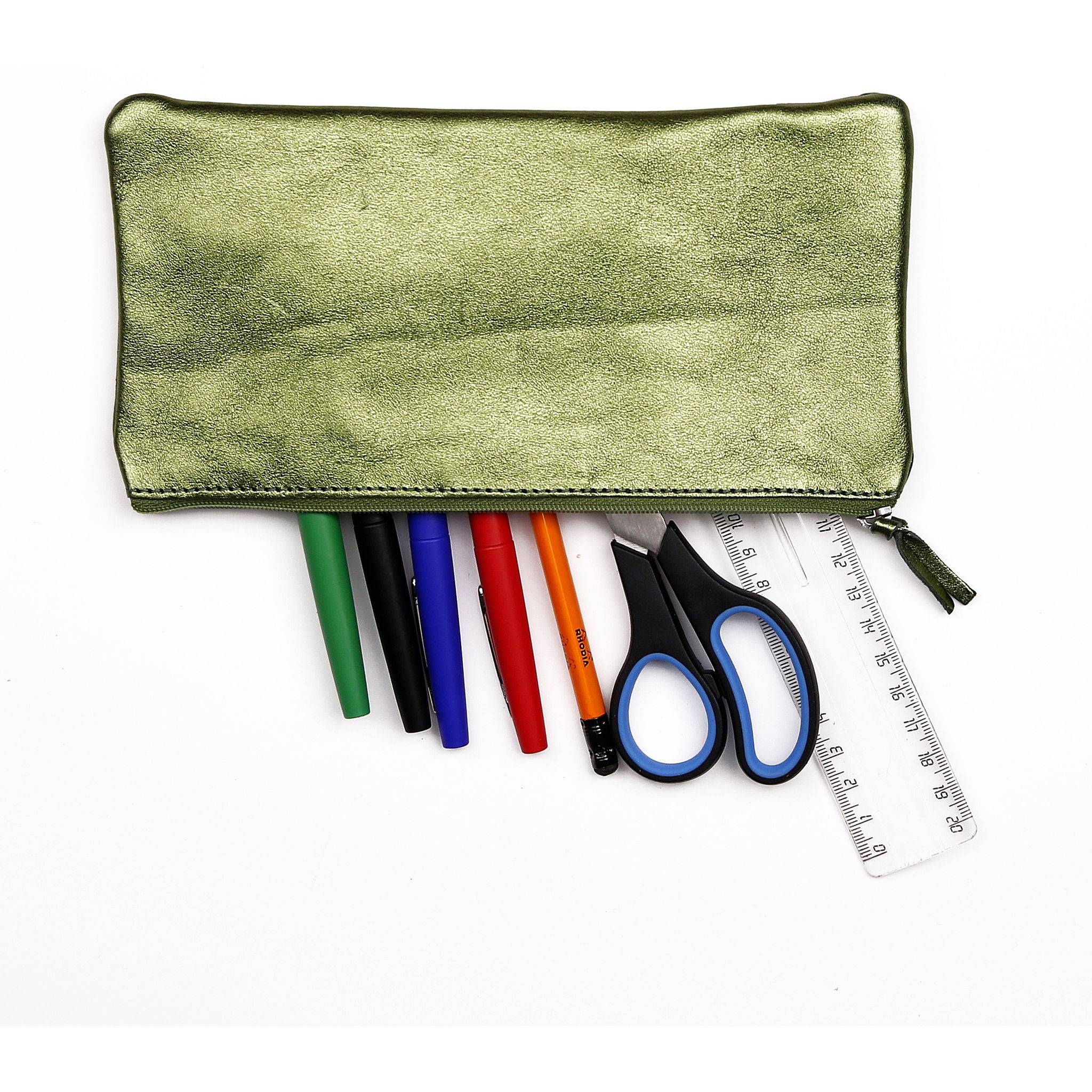 Clairefontaine 4x Schlampermäppchen aus Leder Cuirisé flach 22x11cm - Grün 8716C