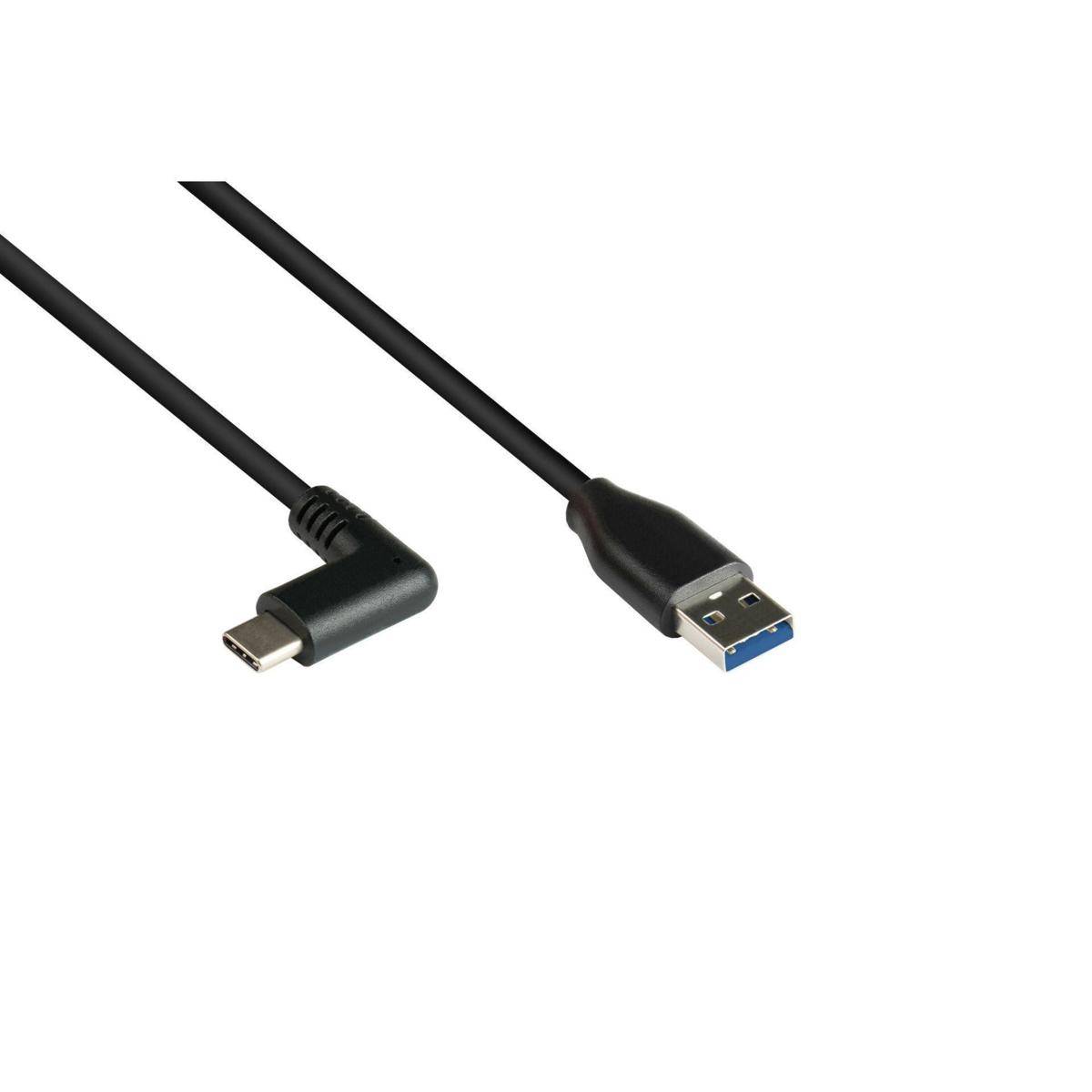 USB Type-C zu USB Type-A Kabel mit einem 90-Grad-Winkelstecker an einem Ende, geeignet zum Aufladen oder zur Datenübertragung zwischen Geräten.