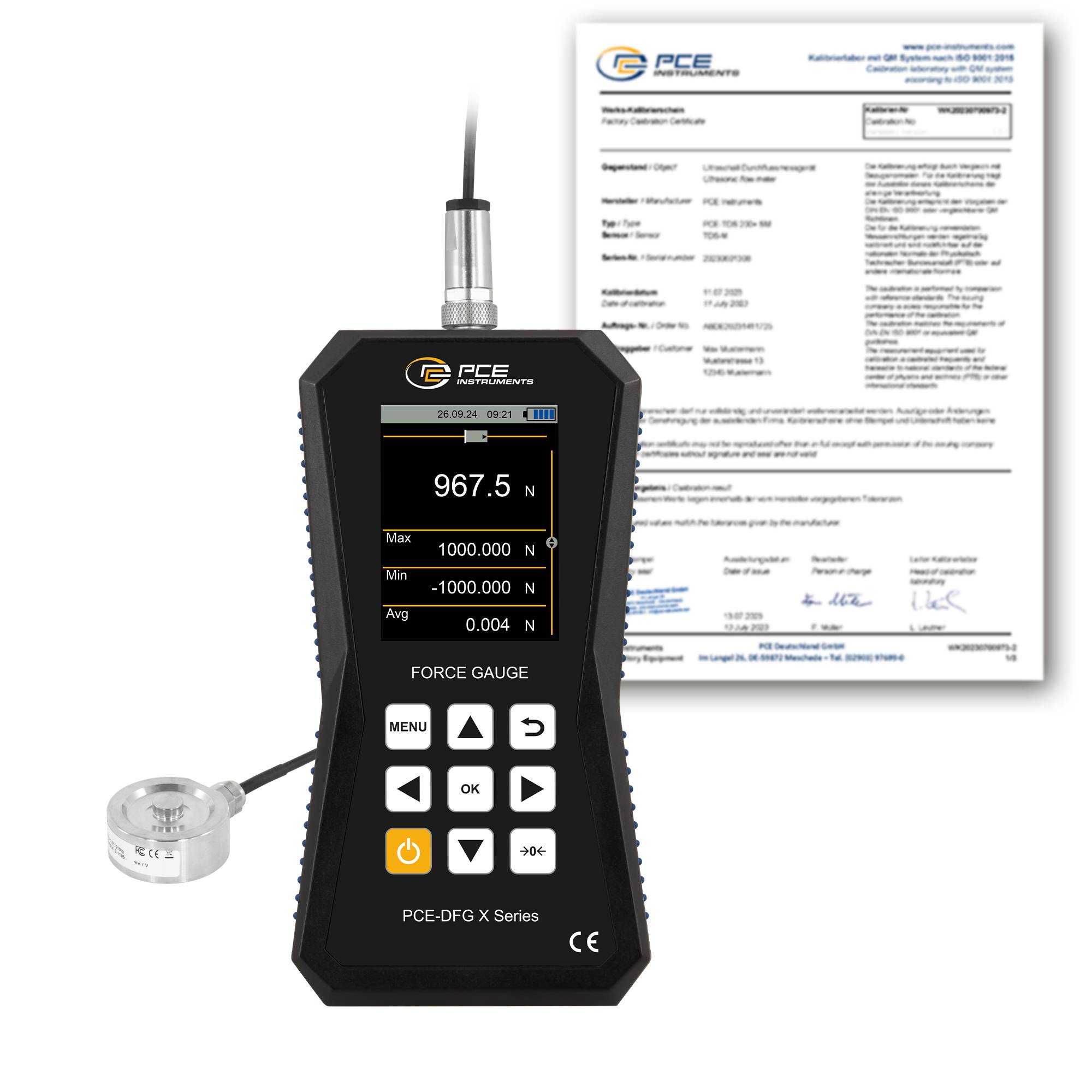 PCE Instruments Kraftmesser PCE-DFG 1K XF-ICA inkl. ISO-Zertifikat |1000N |Genauigkeit ±0,05 % FS |32 GB Speicher |USB-C