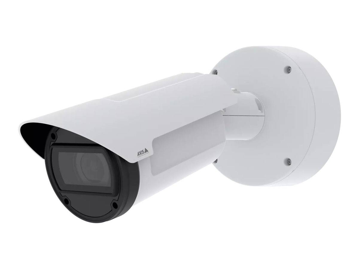 Eine weiße Sicherheitskamera, die an einer Wandhalterung befestigt ist und für die Überwachung im Freien konzipiert wurde, mit sichtbarer Linse und Schutzgehäuse.