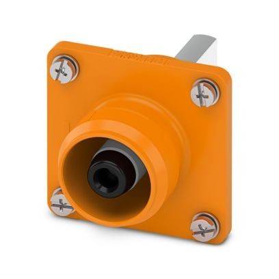 Orangefarbene industrielle Steckdose mit einem hervorstehenden Metallstecker, montiert auf einer quadratischen Grundplatte mit vier Schrauben.