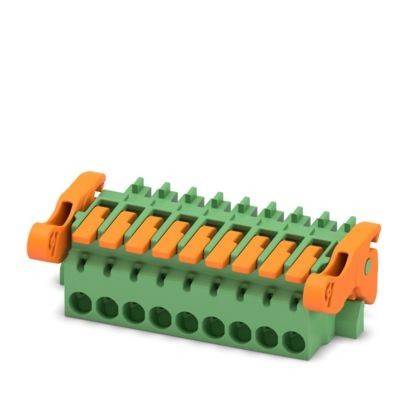 Ein grün-oranges Elektroklemmenleiste mit mehreren Anschlussanschlüssen, entwickelt zum Befestigen und Organisieren von Elektrokabeln.