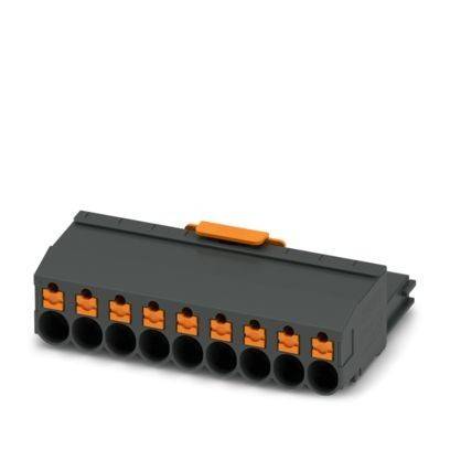 Eine Nahaufnahme eines metallischen Mehrfach-Steckverbinders mit nummerierten Kontakten, der für elektrische Verbindungen verwendet wird. Der Steckverbinder hat ein geripptes Gehäuse.