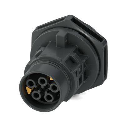Ein schwarzer, kreisförmiger Industriestecker mit mehreren Steckplätzen, entwickelt für elektronische oder mechanische Verbindungen.