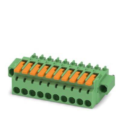 Ein grüner elektrischer Stecker mit zwei orangefarbenen Hebeln, mit zwei kreisförmigen Löchern zur Drahteinführung, der zur Sicherung elektrischer Verbindungen verwendet wird.