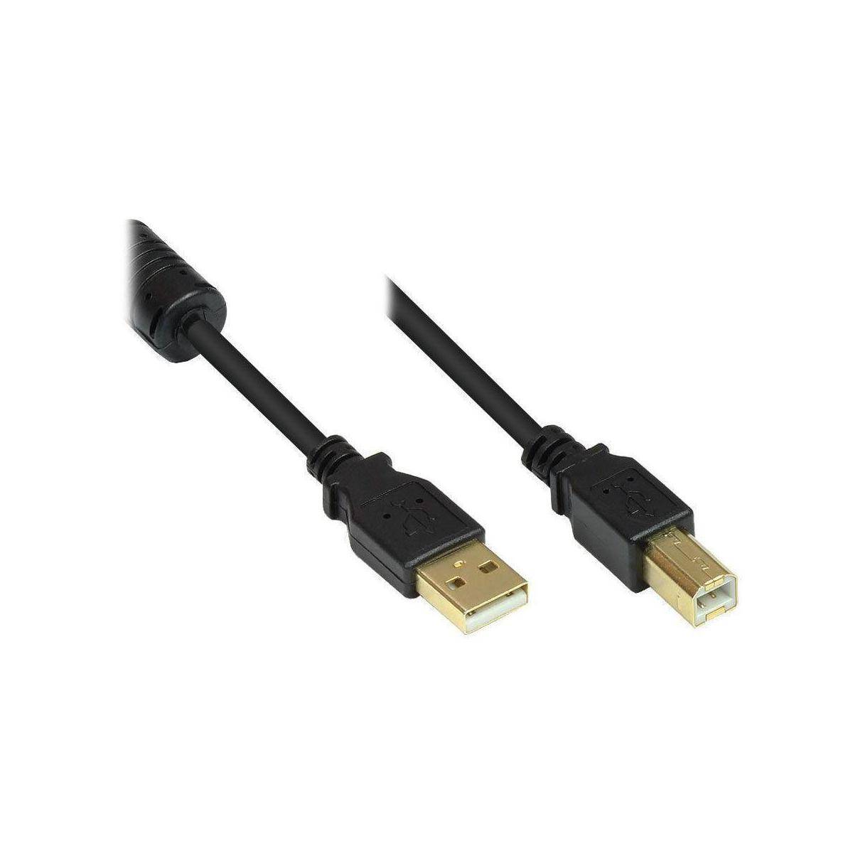 USB-Kabel mit einem USB-A-Stecker auf der einen Seite und einem USB-B-Stecker auf der anderen Seite, das zum Verbinden von Geräten wie Druckern mit Computern verwendet wird.