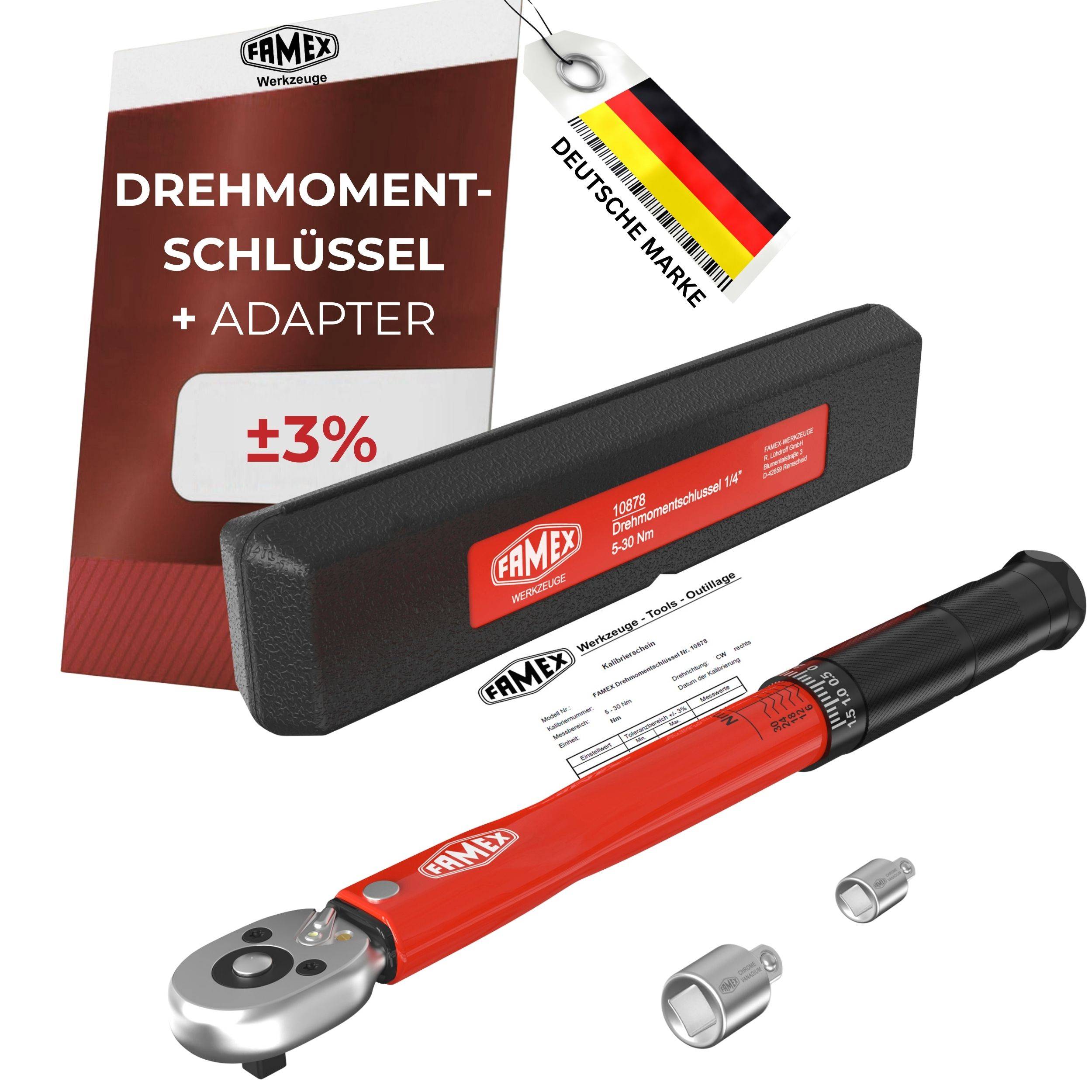 FAMEX 10878-2A Profi Drehmomentschlüssel 1/4 Zoll (6,3 mm), ±3%, 5-30 Nm - Rechts- und Linksmessung, mit Adapter
