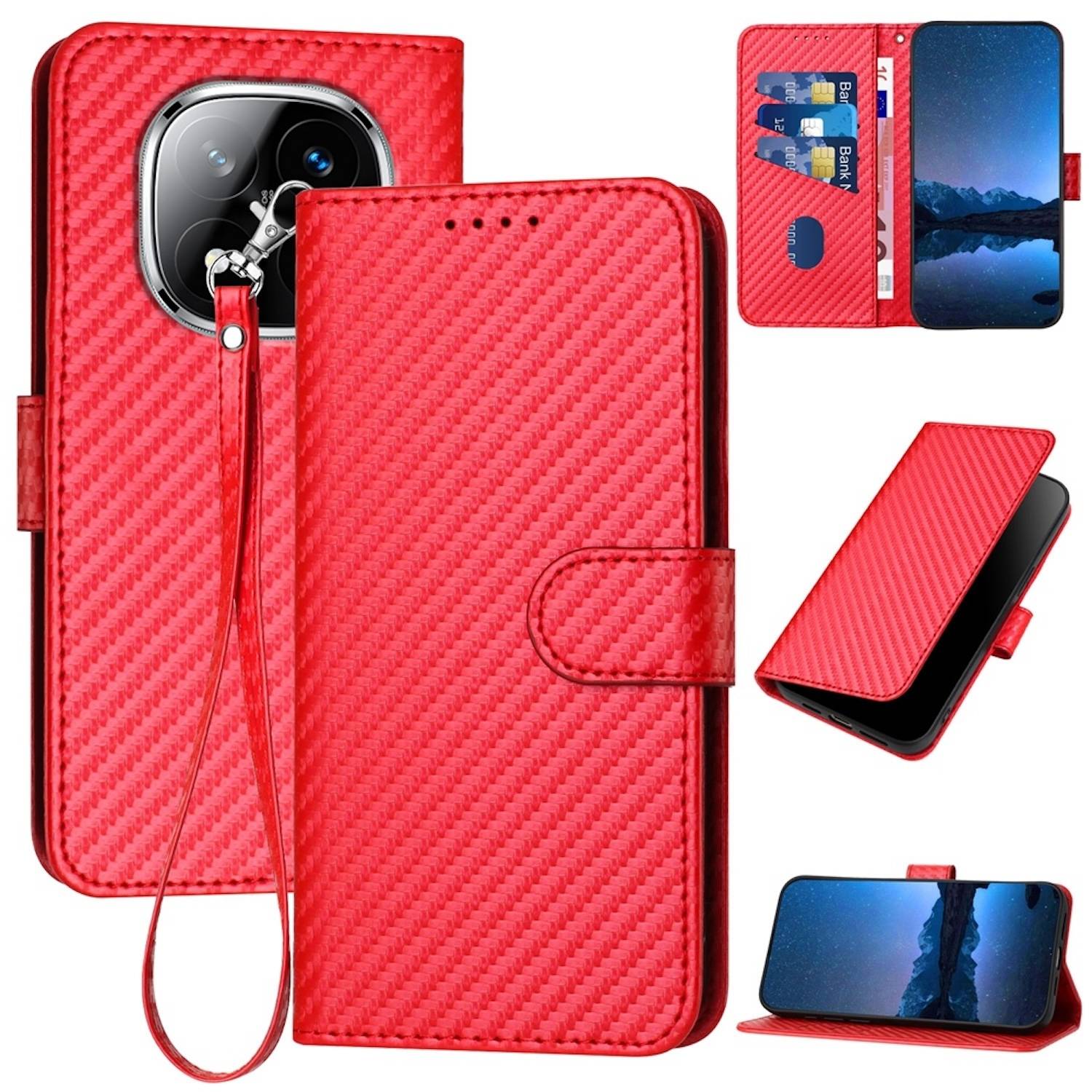 Für Xiaomi Redmi Note 14 Pro Plus 5G Carbon Fiber Kunstleder Hülle mit Lanyard Rot