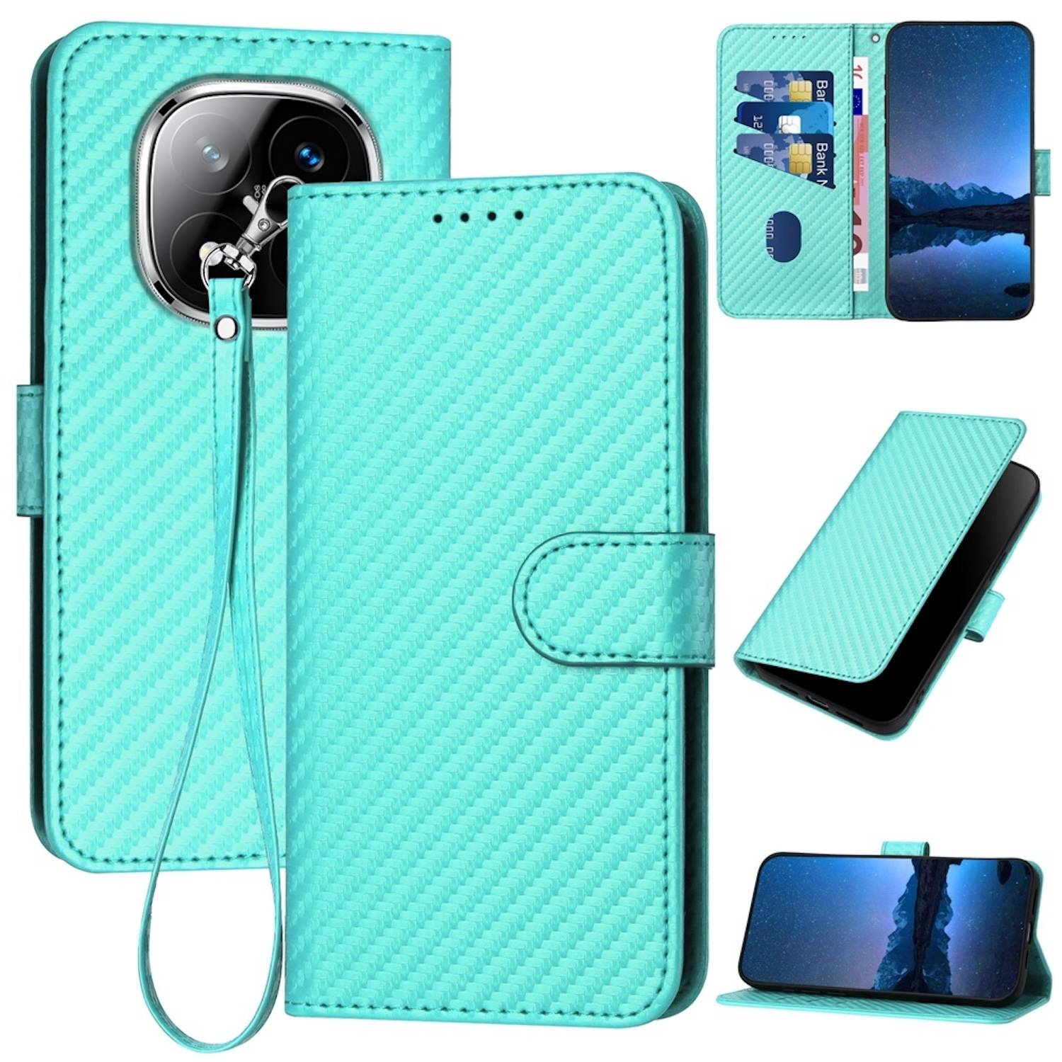 Für Xiaomi Redmi Note 14 Pro Plus 5G Carbon Fiber Kunstleder Hülle mit Lanyard Türkis