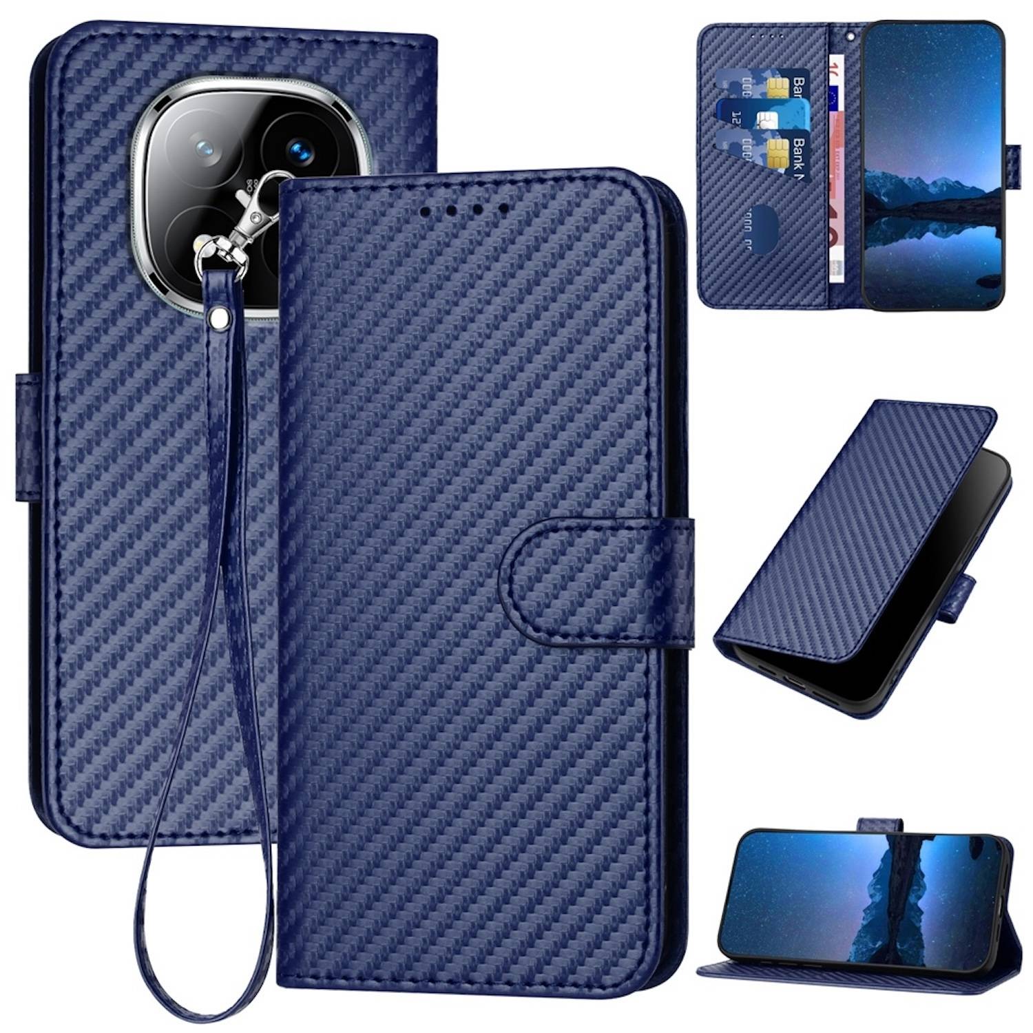 Für Xiaomi Redmi Note 14 Pro Plus 5G Carbon Fiber Kunstleder Hülle mit Lanyard Dunkelblau
