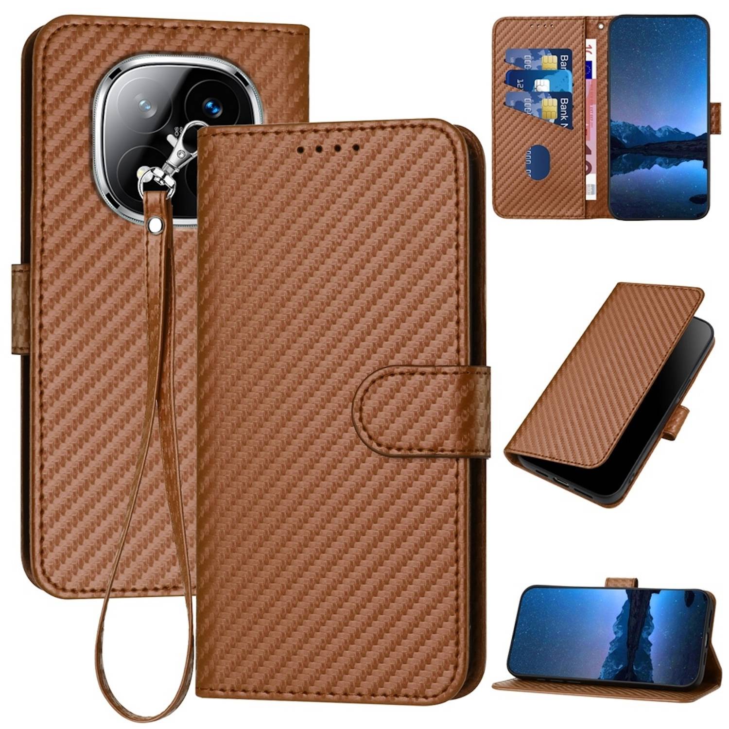 Für Xiaomi Redmi Note 14 Pro Plus 5G Carbon Fiber Kunstleder Hülle mit Lanyard Braun