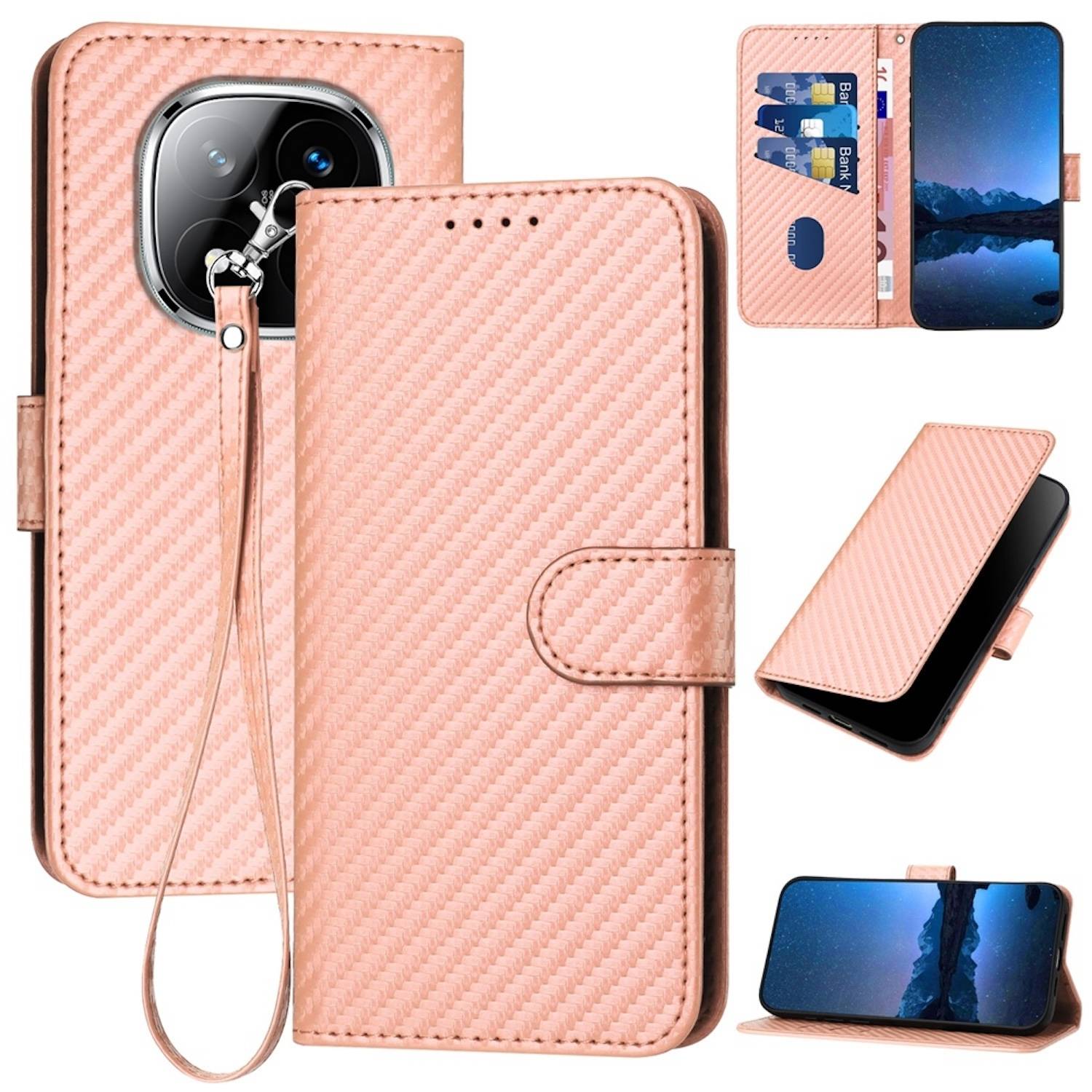 Für Xiaomi Redmi Note 14 Pro Plus 5G Carbon Fiber Kunstleder Hülle mit Lanyard Rosa