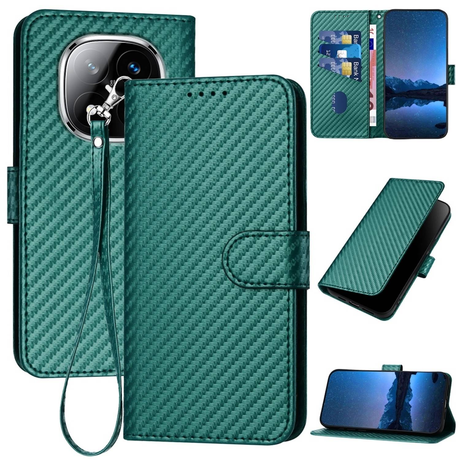 Für Xiaomi Redmi Note 14 Pro Plus 5G Carbon Fiber Kunstleder Hülle mit Lanyard Grün