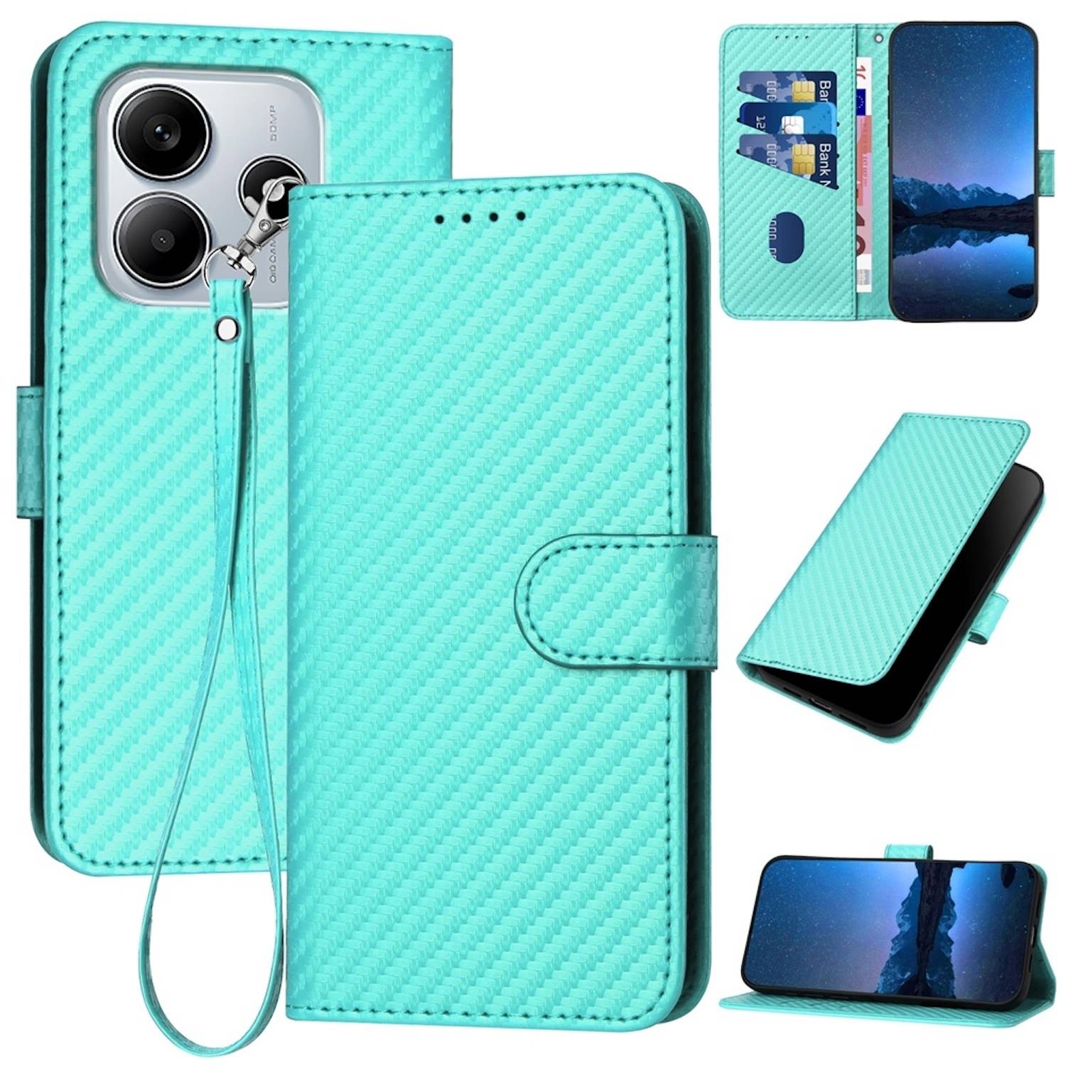 Für Xiaomi Redmi Note 14 5G Carbon Fiber Design Kunstleder Hülle Tasche mit Lanyard Türkis