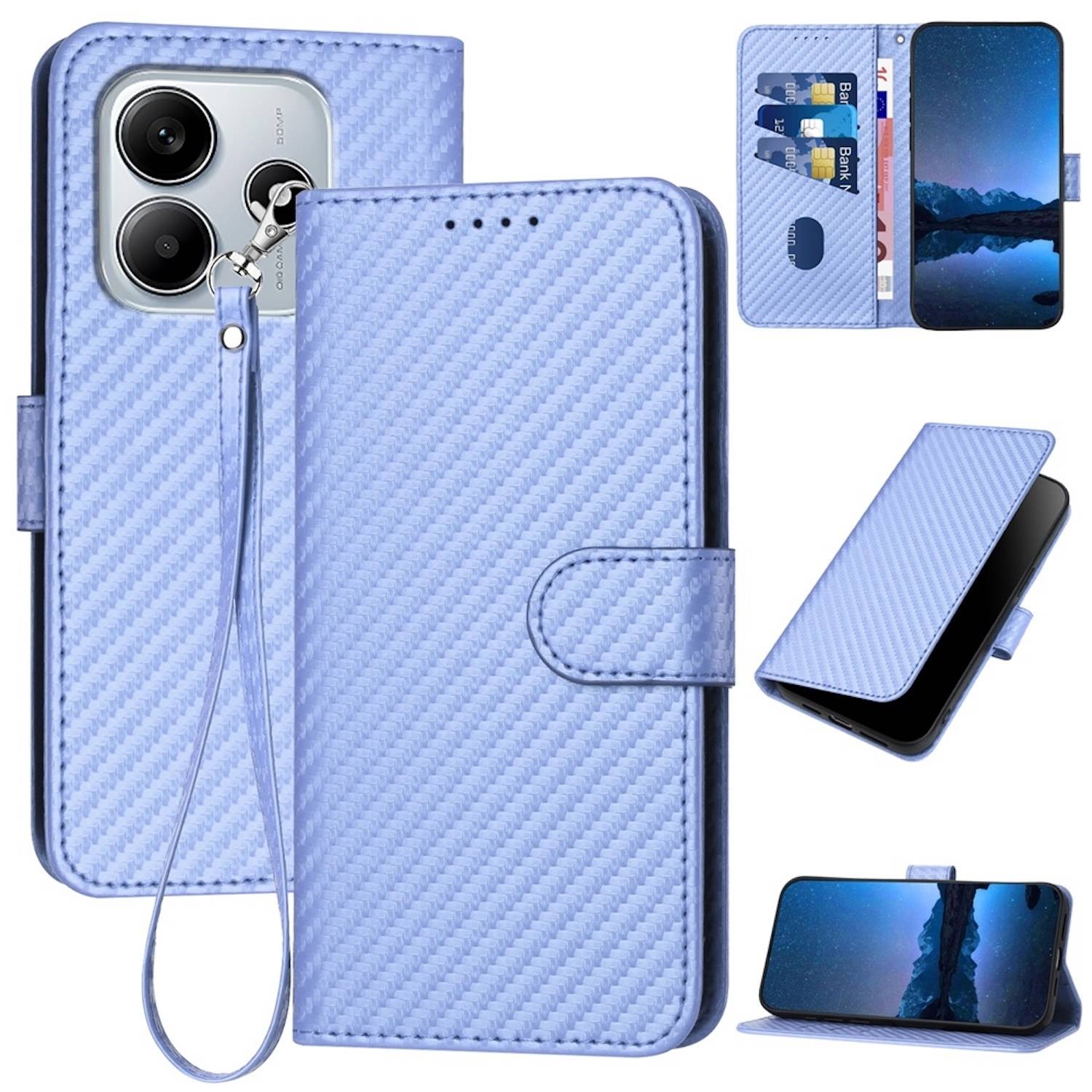 Für Xiaomi Redmi Note 14 5G Carbon Fiber Design Kunstleder Hülle Tasche mit Lanyard Hellblau